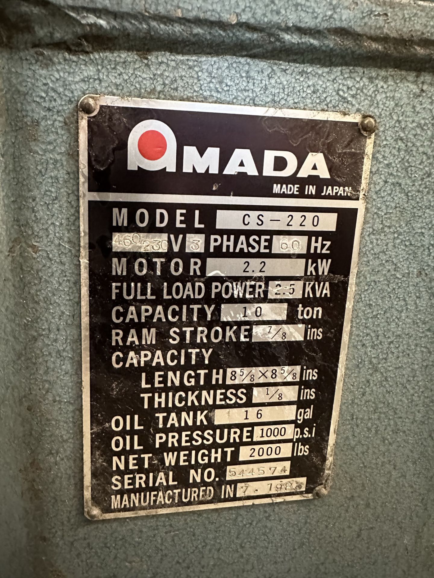 AMADA HYDRAULIC CORNER NOTCHER, MODEL CS-220, 8-5/8" X 8-5/8" X 10 GAUGE, S/N 544574 - Image 7 of 7