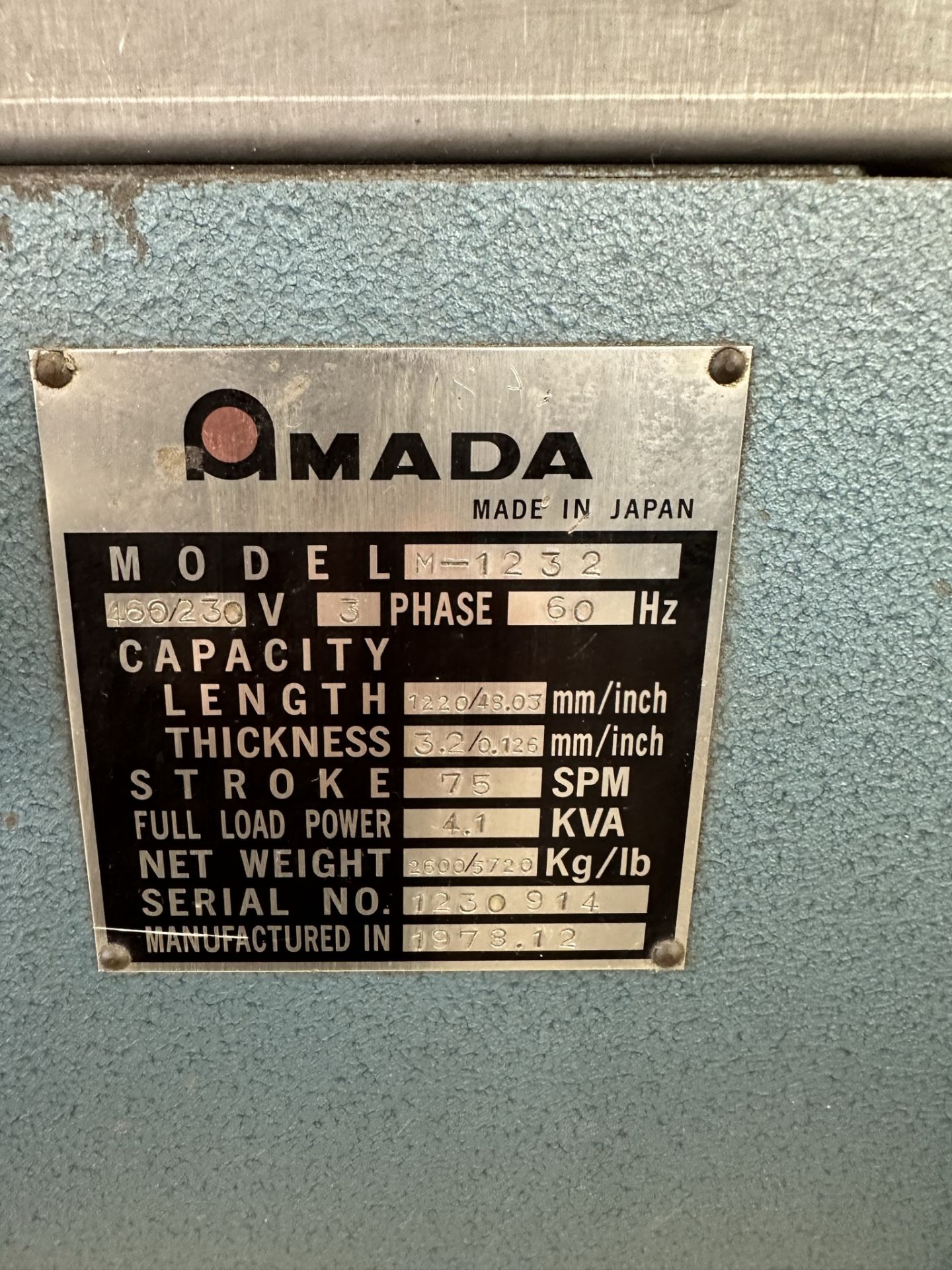 AMADA SHEAR, MODEL M-1232, 1/8" X 4' CAPACITY, 27" SQUARING ARM, S/N 1230914 - Image 8 of 8