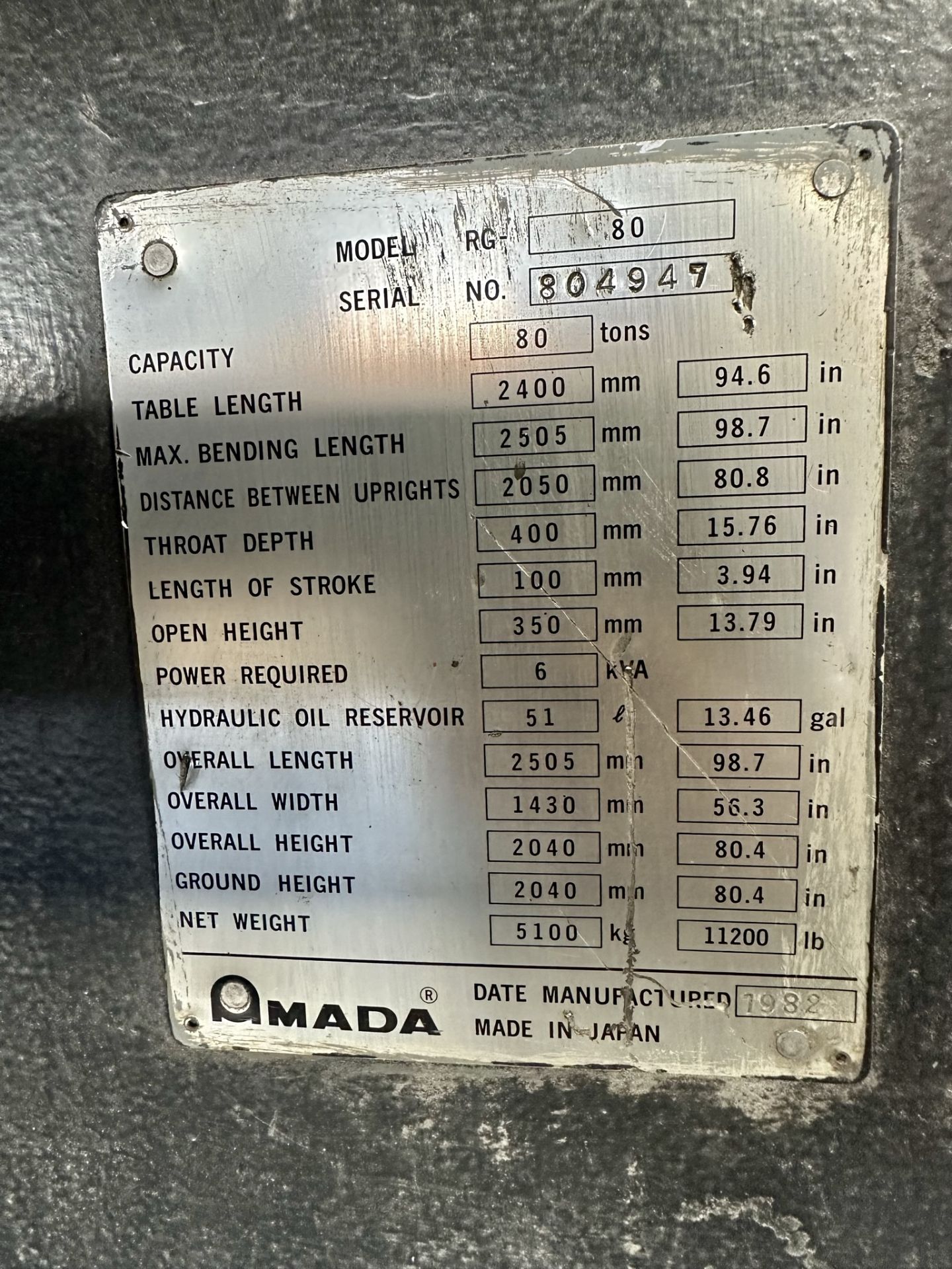 1982 AMADA 8' PRESS BRAKE, MODEL RG-8025, 8' X 80-TON CAPACITY, NC9-EX II CNC CONTROL, S/N 804947 - Image 14 of 14