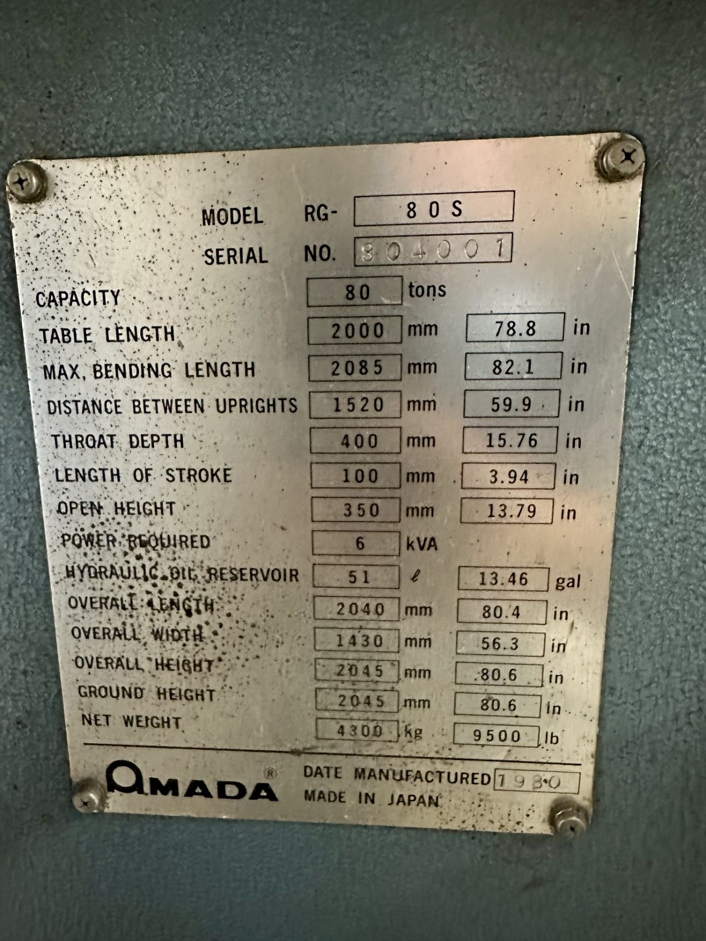 1980 AMADA PRESS BRAKE, MODEL RG-80S, 6' X 80-TON CAPACITY, AMADA CNC CONTROL, S/N 804001 - Image 11 of 11