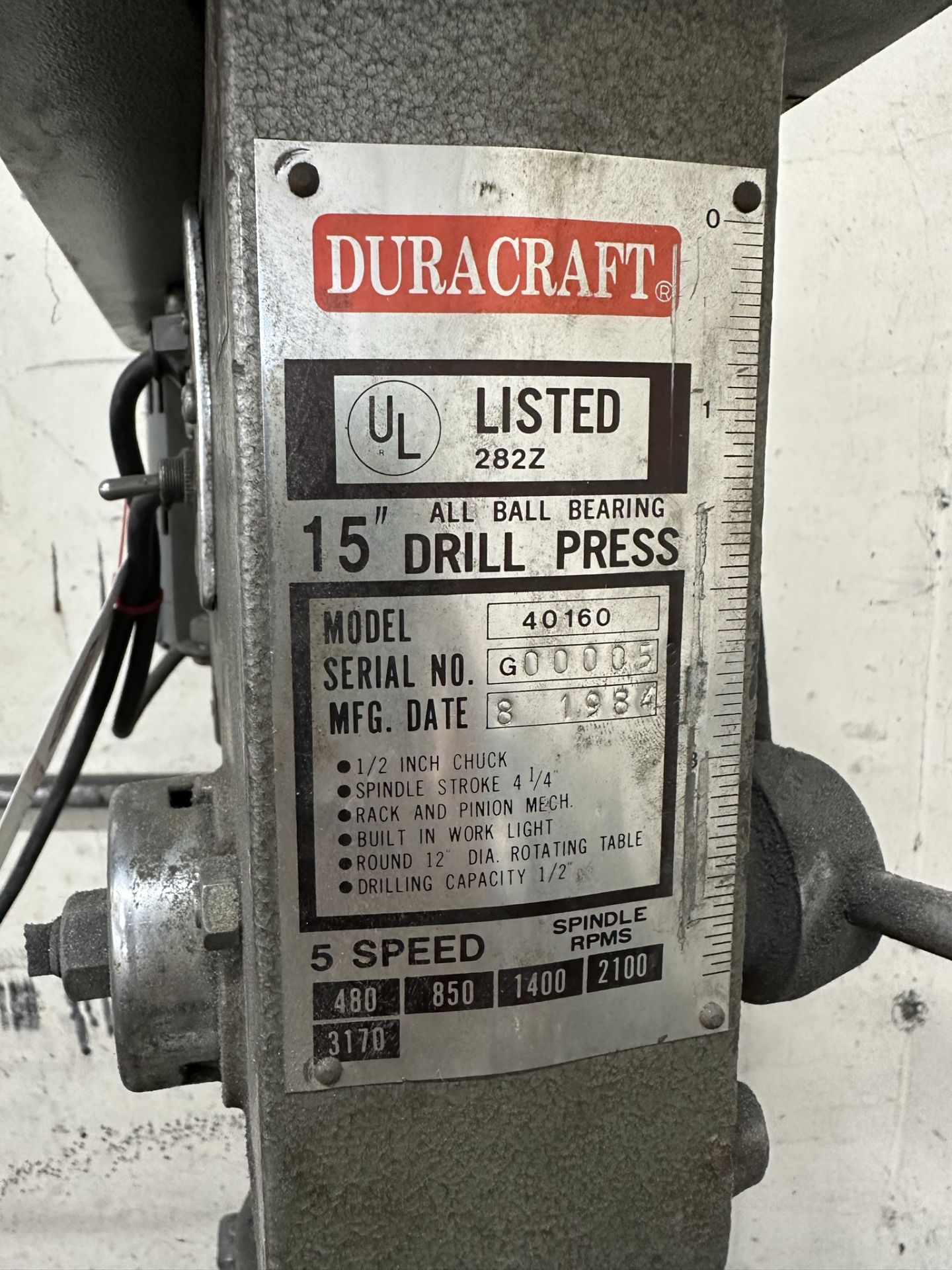 DURACRAFT 15" DRILL PRESS, MODEL 40160, 5-SPEED, BENCHTOP MODEL, S/N G00005 - Image 4 of 4