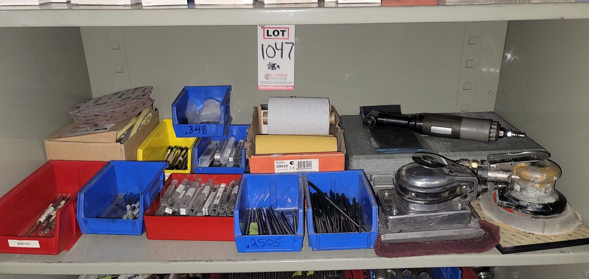 LOT - CONTENTS ONLY OF (1) SHELF, TO INCLUDE: SANDING DISCS, AIR SANDERS, AIR RATCHET, REAMS,