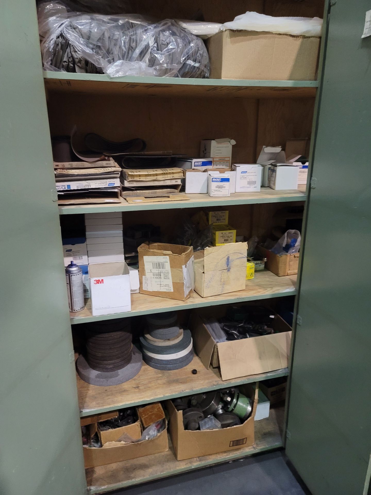 LOT - CONTENTS ONLY OF CABINET, TO INCLUDE: SAFETY SLEEVES, SANDPAPER, ABRASIVES, HARDWARE, GRINDING