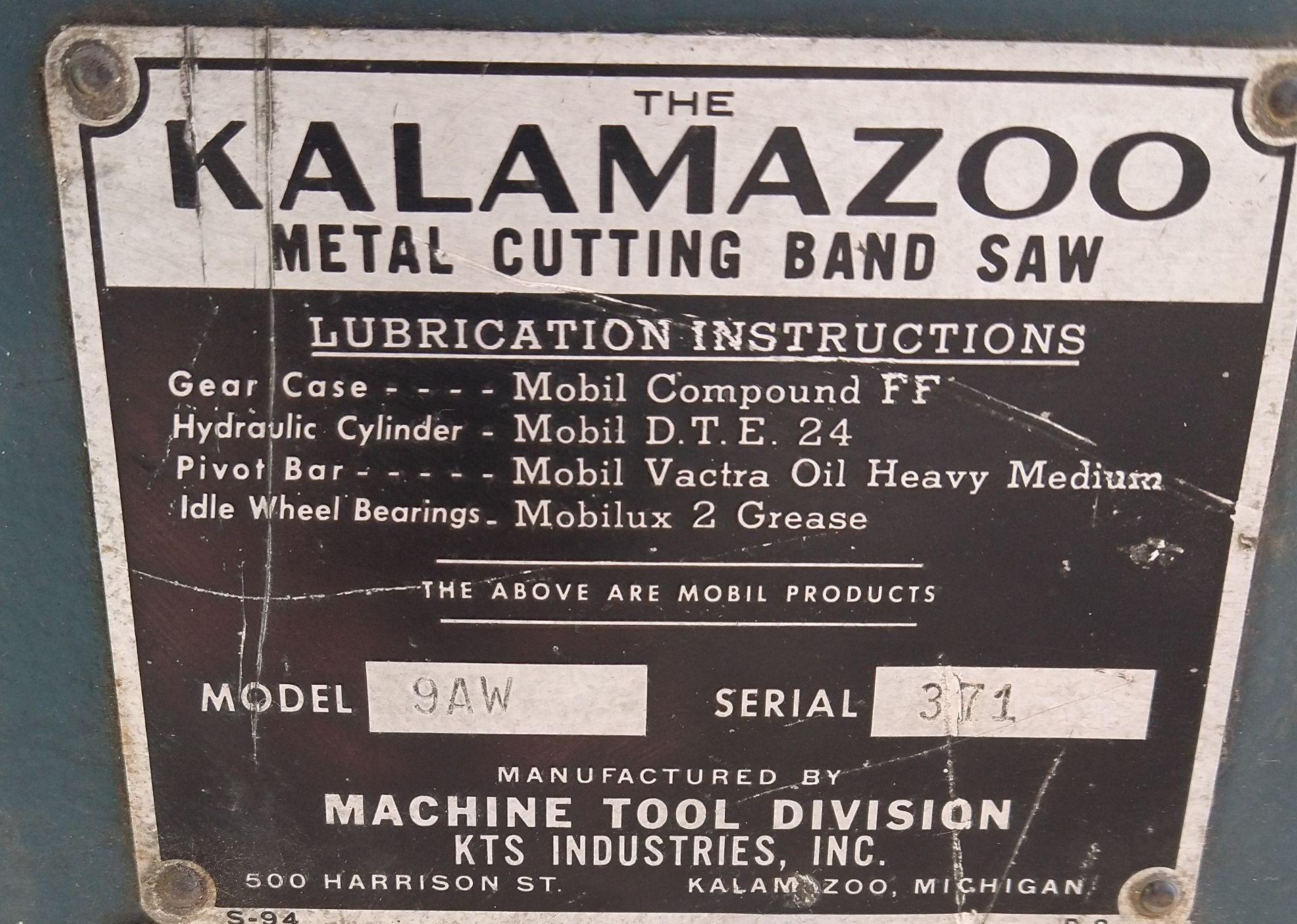 KALAMAZOO METAL CUTTING BAND SAW, MODEL 9AW, S/N 371 - Image 4 of 4