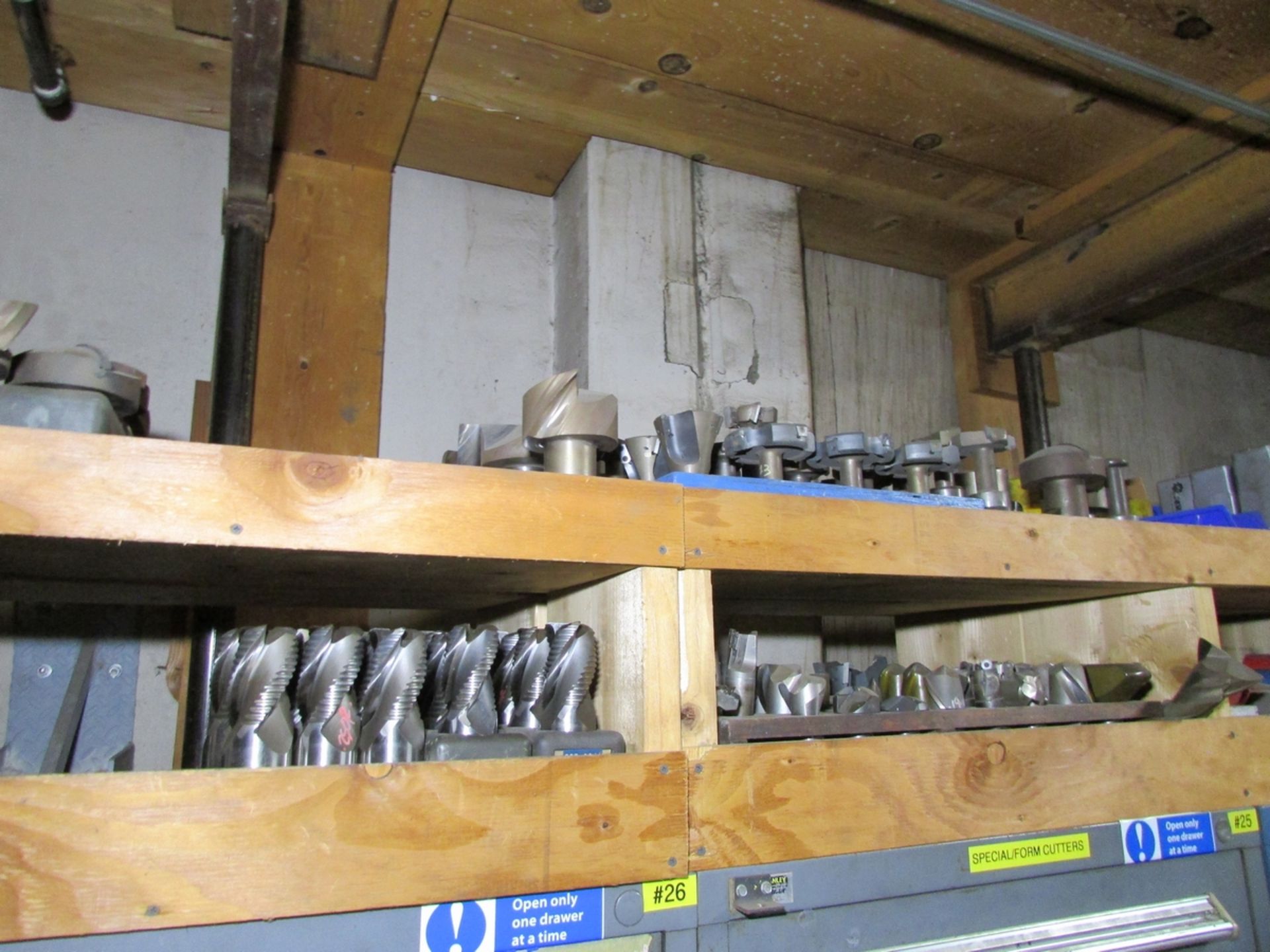 LOT - LARGE ASSORTMENT OF HSS MILLS, FORM CUTTERS, SLOT CUTTERS AND MISC. TOOLING ON (7) WOOD - Image 12 of 14