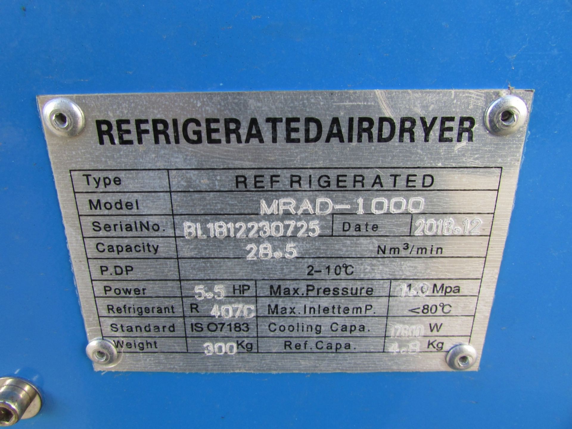2018 DRY MAX REFRIGERATED AIR DRYER, MODEL MRAD-1000, 28.5 NM3/MIN CAPACITY, 5-1/2 HP, S/N - Image 7 of 7