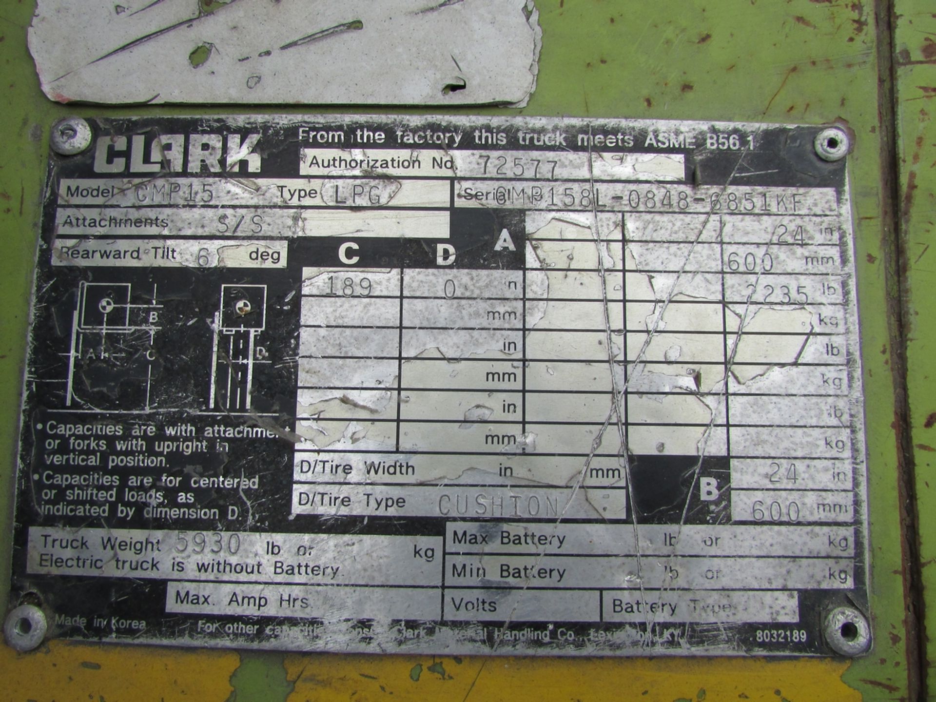 CLARK LPG FORKLIFT, MODEL CMP15, 2,235 LB CAPACITY, 189" 3-STAGE MAST, 48" FORKS, SIDE SHIFT, - Image 12 of 12