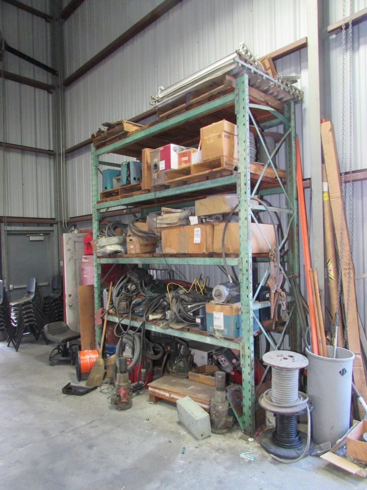 LOT - CONTENTS ONLY OF (1) SECTION OF PALLET RACKING, W/ ASSORTED MOTORS, PUMPS, ELECTRIC CABLE