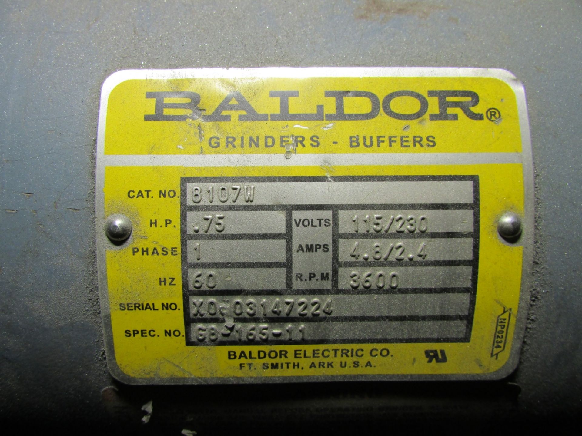 BALDOR 8" DOUBLE END PEDESTAL GRINDER, CAT. NO. 8107W, 3/4 HP 115/230V, S/N X0003147224 - Image 4 of 4