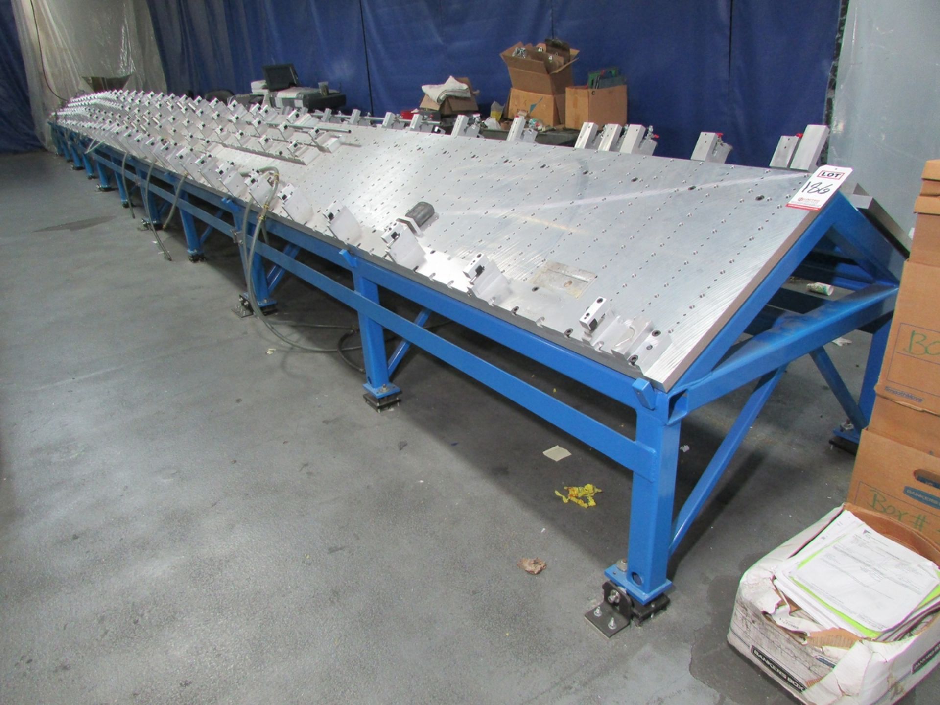 LOT - (5) 120" X 48" DRILLED, TAPPED AND LEVELED ALUMINUM TOP 30 DEGREE FIXTURE LAYOUT RACKS, W/