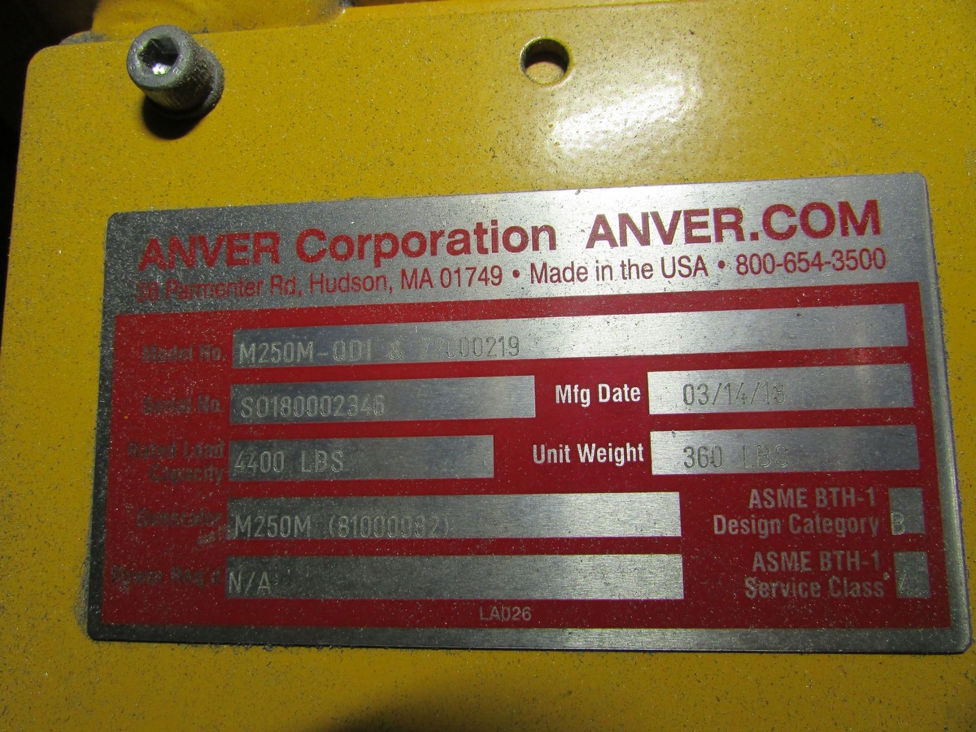 2018 ANVER MECHANICAL VACUUM PLATE LIFTING ATTACHMENT, MODEL M250M-QD1 & 72000219, PA235-S 36-12 - Image 7 of 8