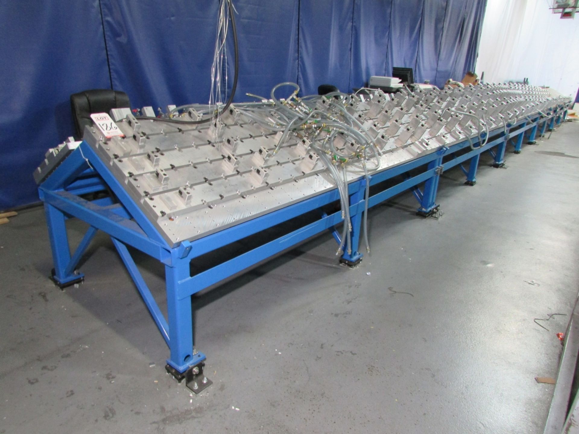 LOT - (5) 120" X 48" DRILLED, TAPPED AND LEVELED ALUMINUM TOP 30 DEGREE FIXTURE LAYOUT RACKS, W/ - Image 5 of 9