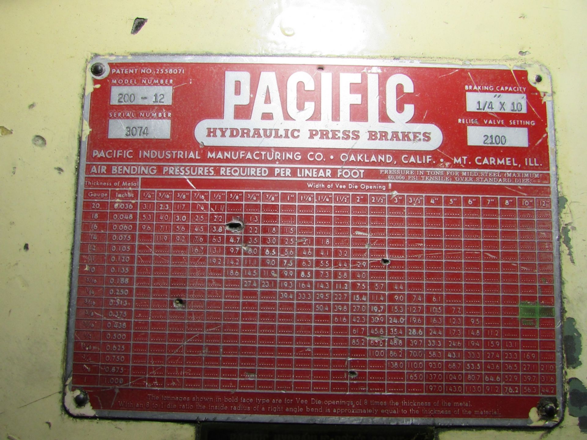 PACIFIC 200-TON HYDRAULIC PRESS BRAKE, MODEL 200-12, 10' X 1/4" BRAKING CAPACITY, 12' X 14" BED, 36" - Image 20 of 20