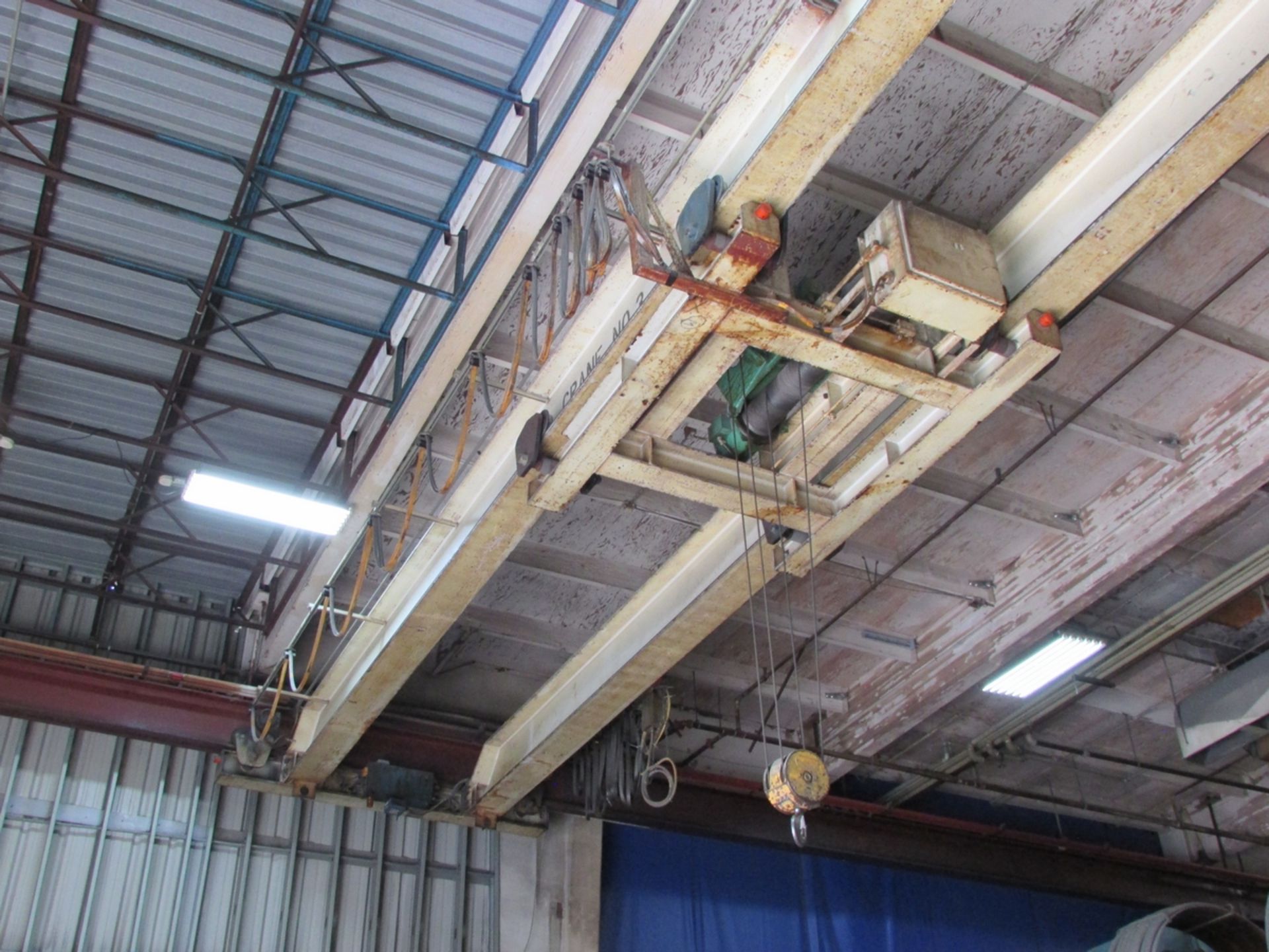 5-TON DOUBLE GIRDER UNDERSLUNG BRIDGE CRANE, APPROX. 55' SPAN, BRAIDED CABLE HOIST AND TROLLY, - Image 6 of 10