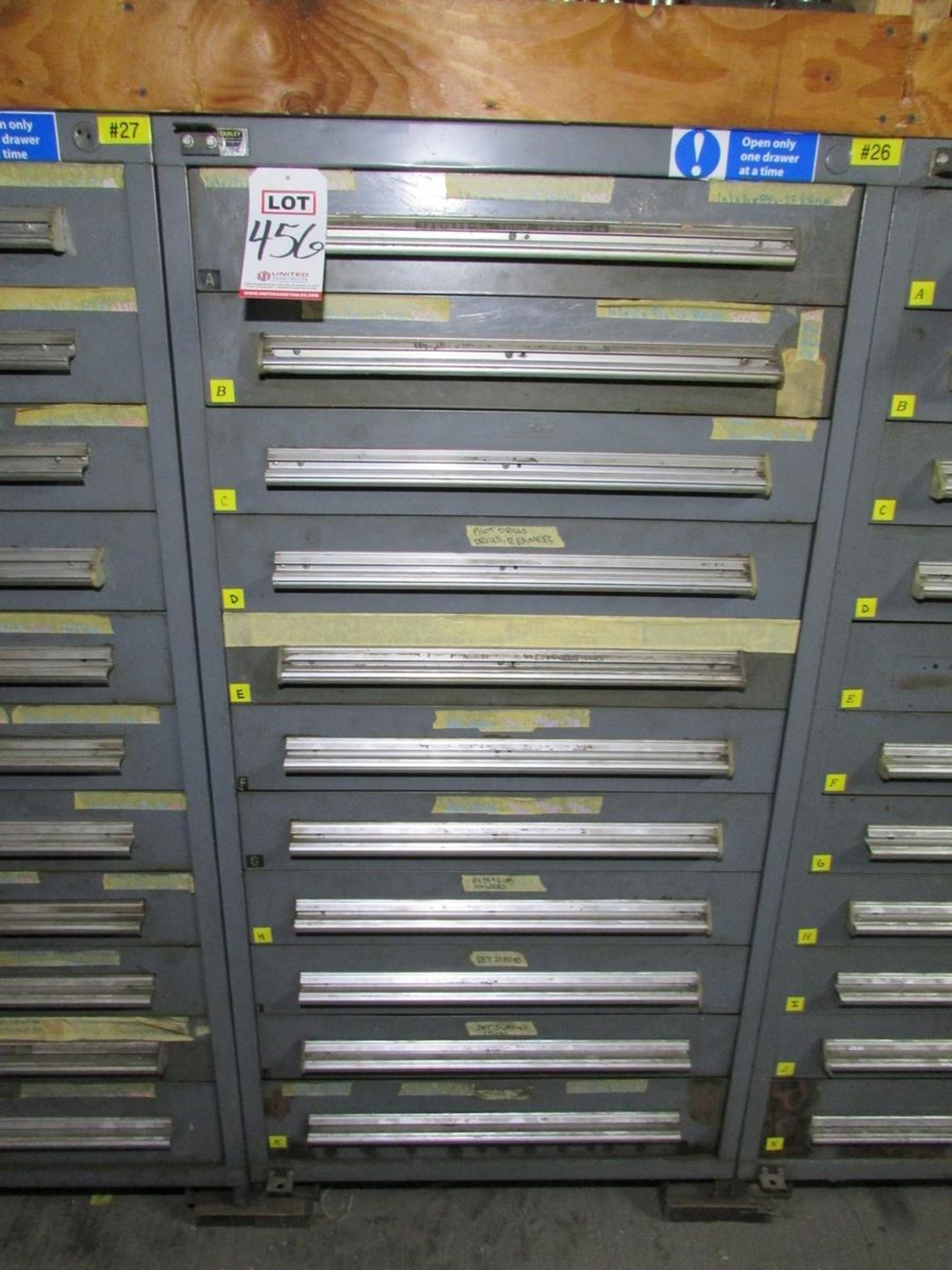 STANLEY VIDMAR 11-DRAWER HEAVY DUTY PARTS CABINET, W/ CONTENTS: ASSORTED HSS END MILLS, DRILLS,