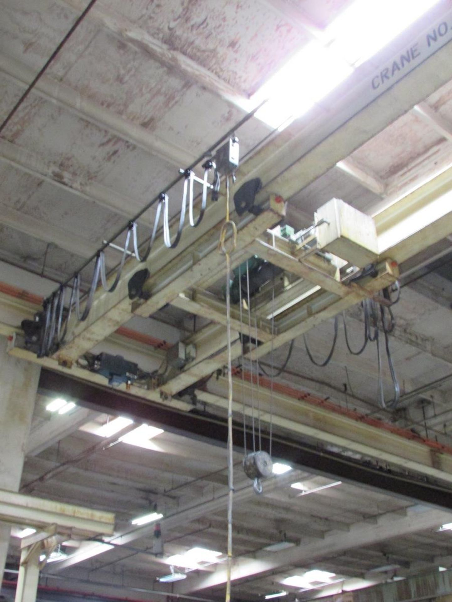 5-TON DOUBLE GIRDER UNDERSLUNG BRIDGE CRANE, APPROX. 56' SPAN, P&H BRAIDED CABLE HOIST AND TROLLY, - Image 3 of 11