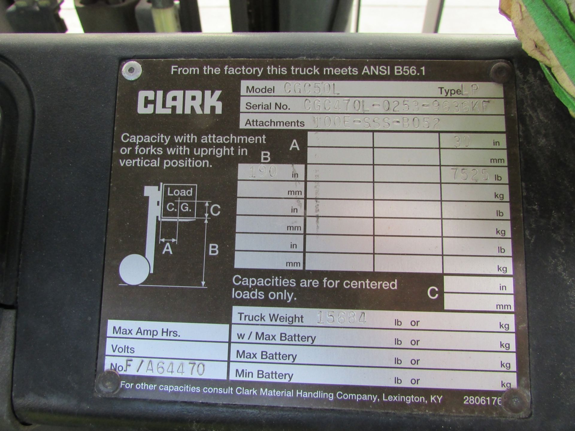 CLARK LPG FORKLIFT, MODEL CGC50L, 7,000 LB CAPACITY, 190" 3-STAGE MAST, 70" FORKS, SIDE SHIFT, SOLID - Image 12 of 12