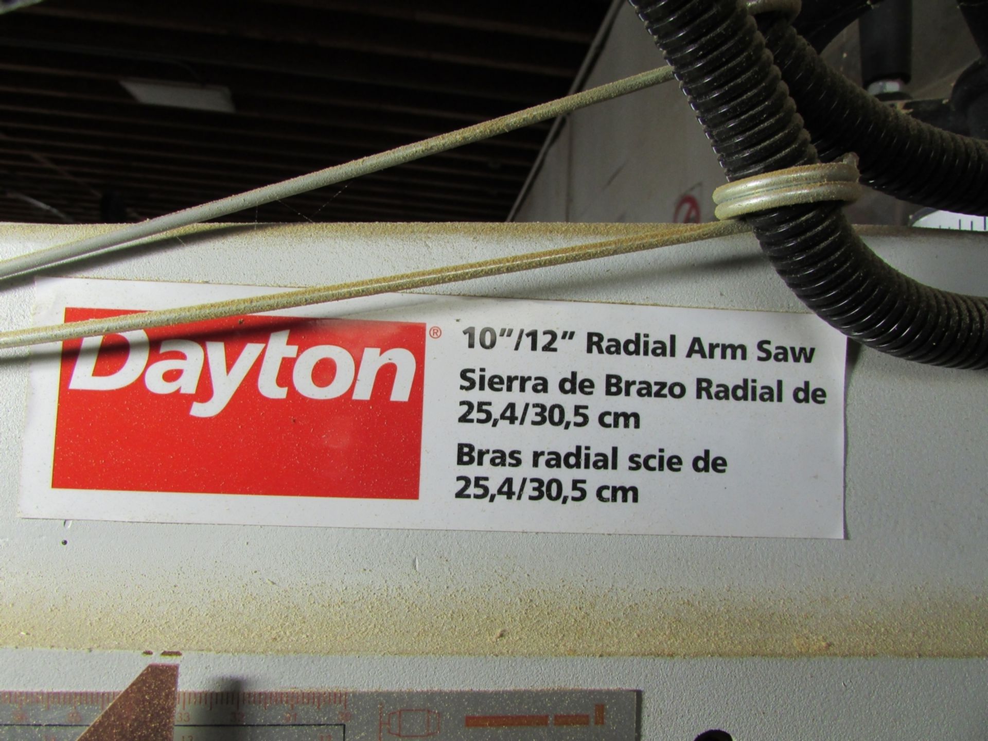 DAYTON 10"/12" RADIAL ARM SAW, MODEL 49G998A, 24" ARM, LASER CUTTING GUIDE, 18' X 2' STEEL CUTTING - Image 11 of 11