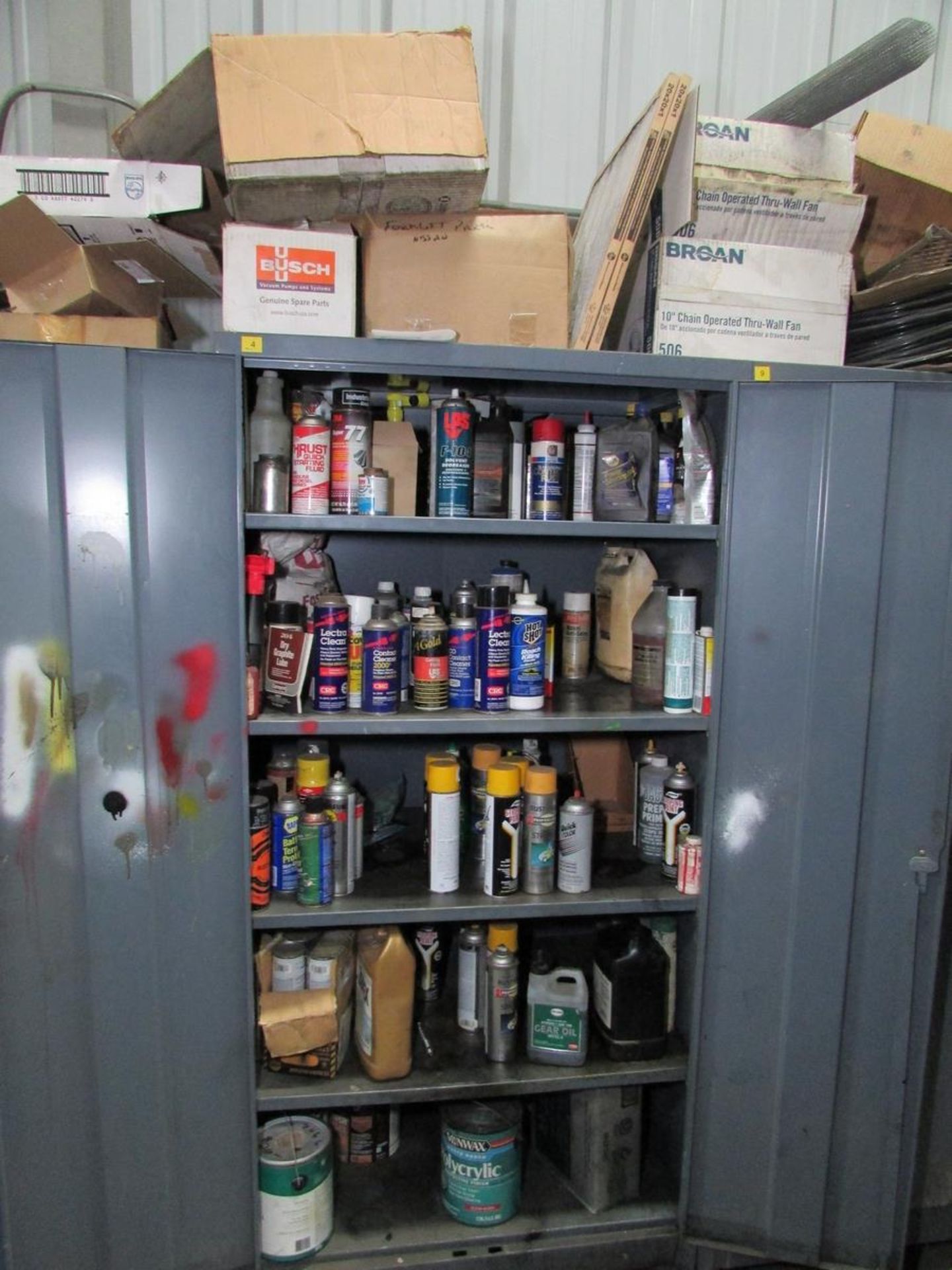 LOT - (2) 2-DOOR CABINETS, W/ CONTENTS: ASSORTED PAINT SUPPLIES, BATHROOM FACILITY PARTS, ETC. - Image 2 of 8