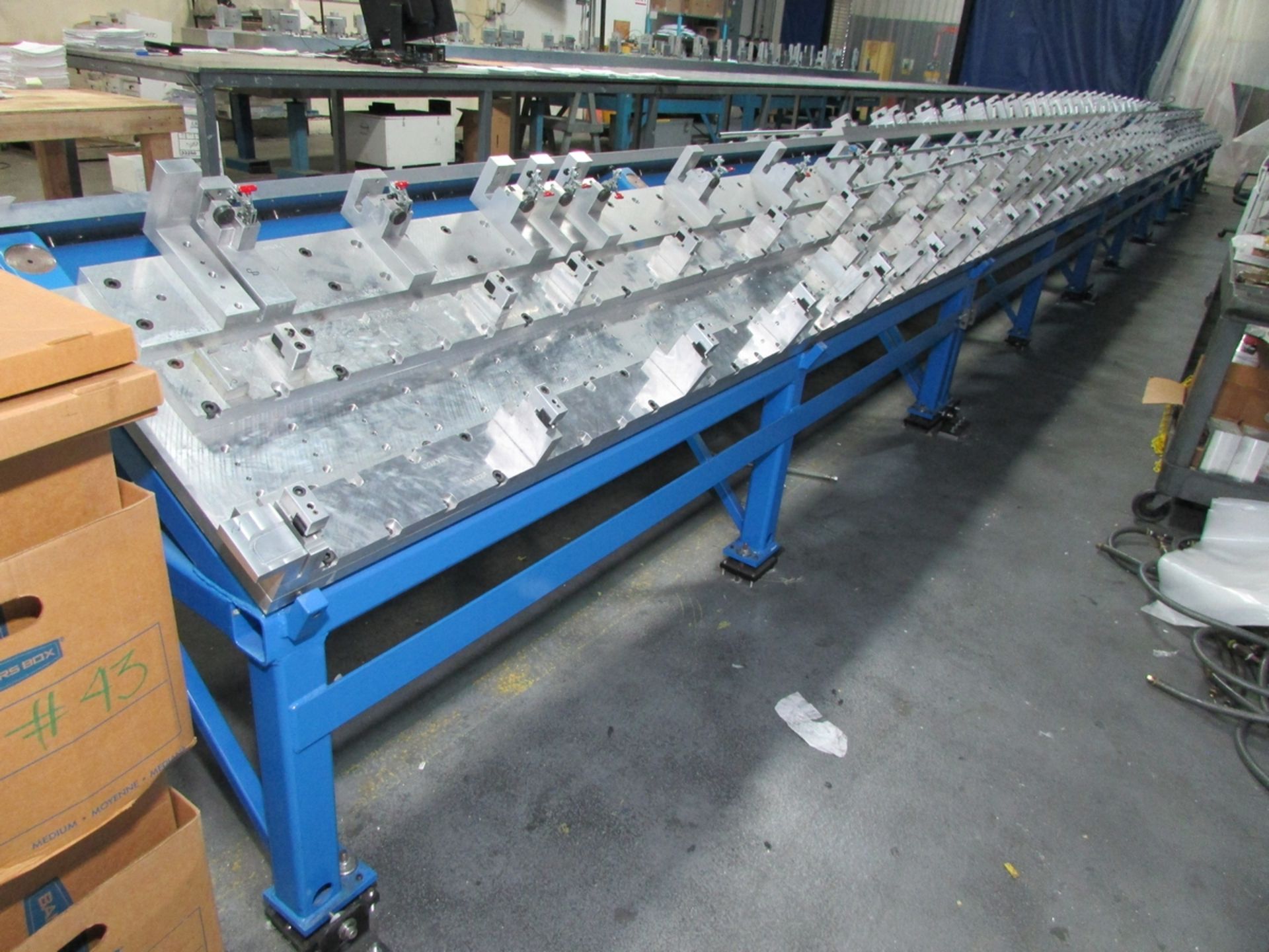 LOT - (5) 120" X 48" DRILLED, TAPPED AND LEVELED ALUMINUM TOP 30 DEGREE FIXTURE LAYOUT RACKS, W/ - Image 9 of 9