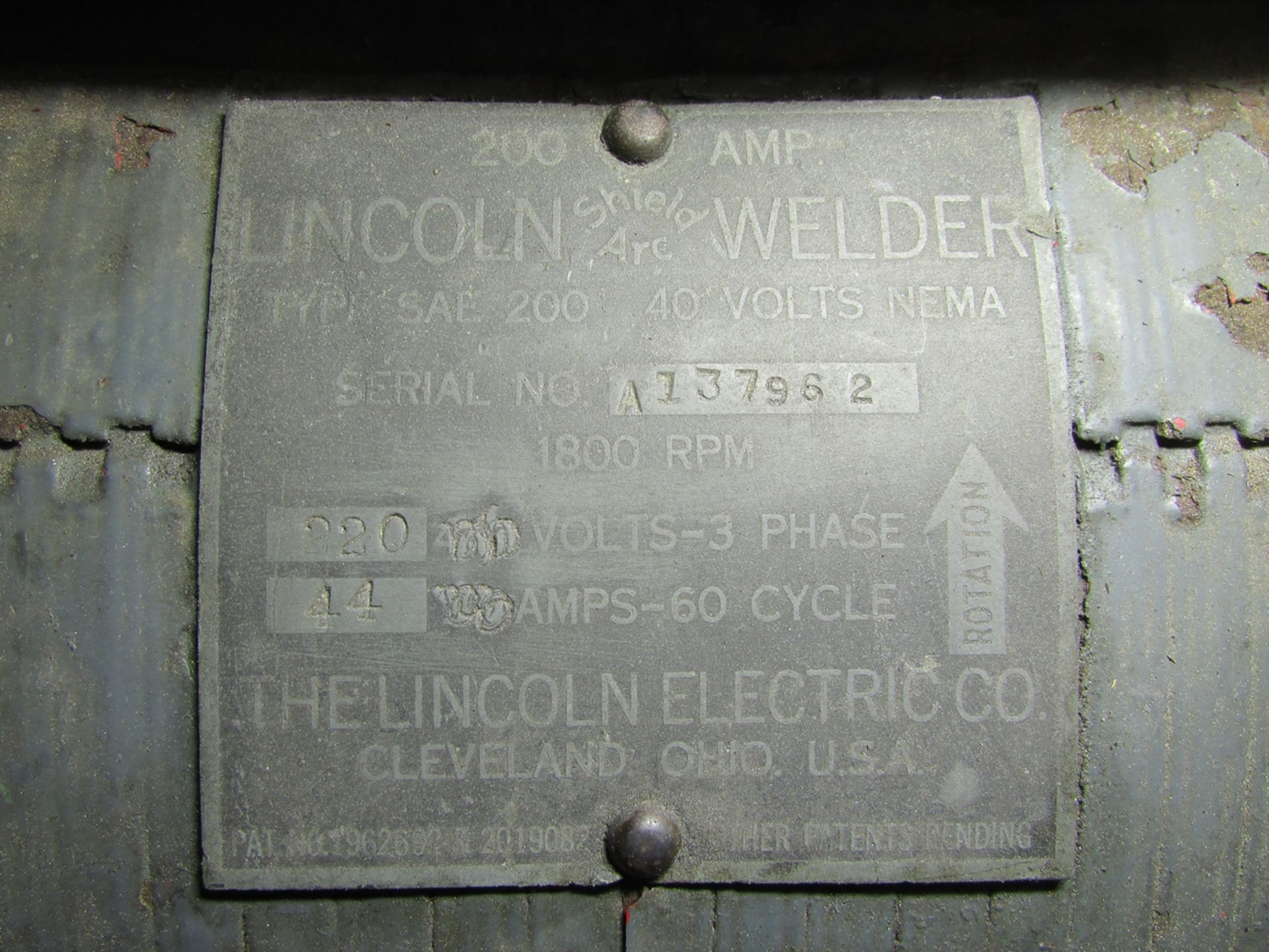 LINCOLN ELECTRIC SHIELD ARC WELDING POWER SOURCE, SAE 200, 40V 200A OUTPUT, 220V 44A 60HZ 3PH - Image 7 of 7