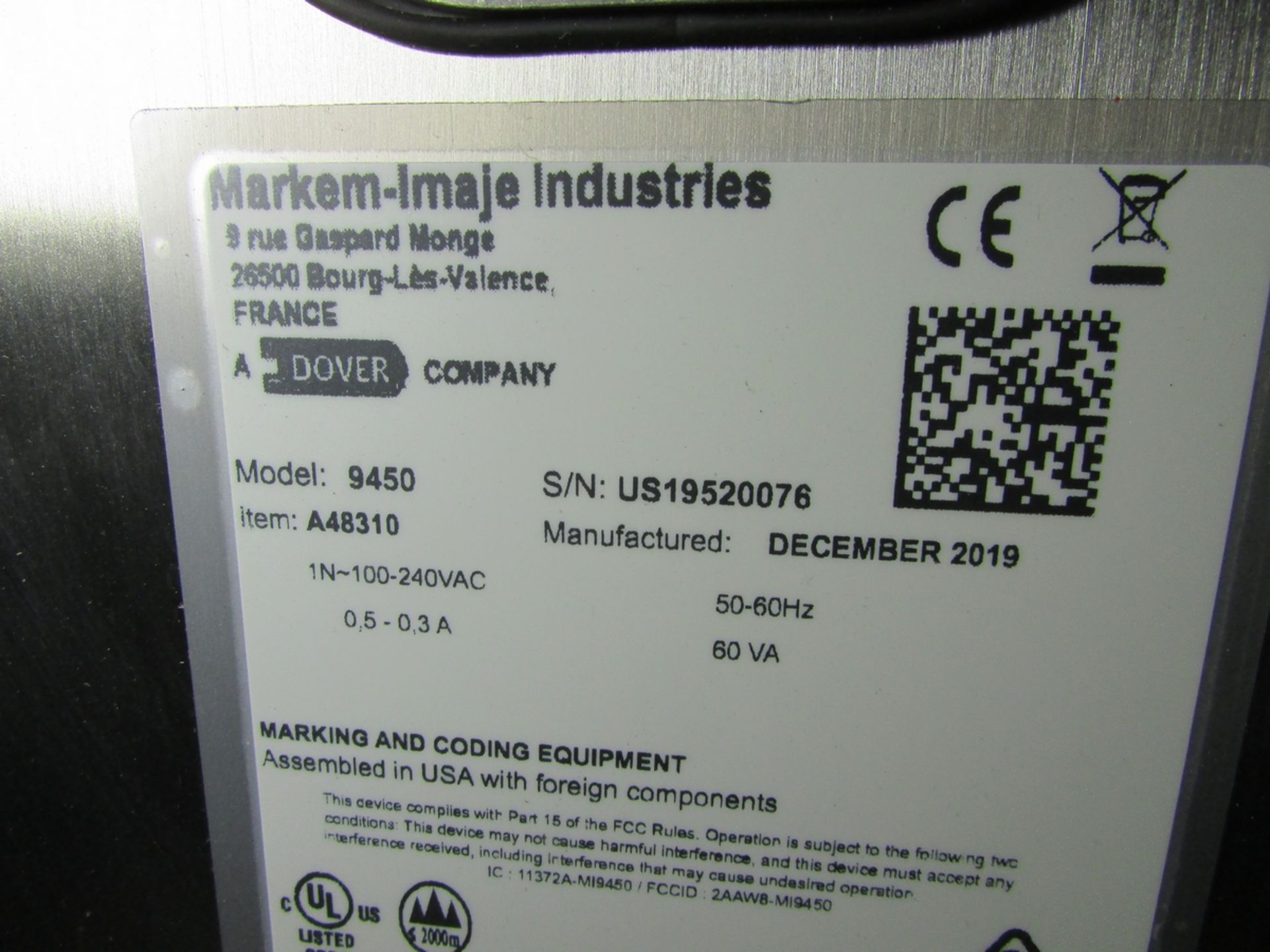 2019 MARKEM IMAJE INK JET CODING MACHINE, MODEL 9450, W/ TYPE POIGNEE MOTORISEE MARKING PISTOL, S/ - Image 8 of 8