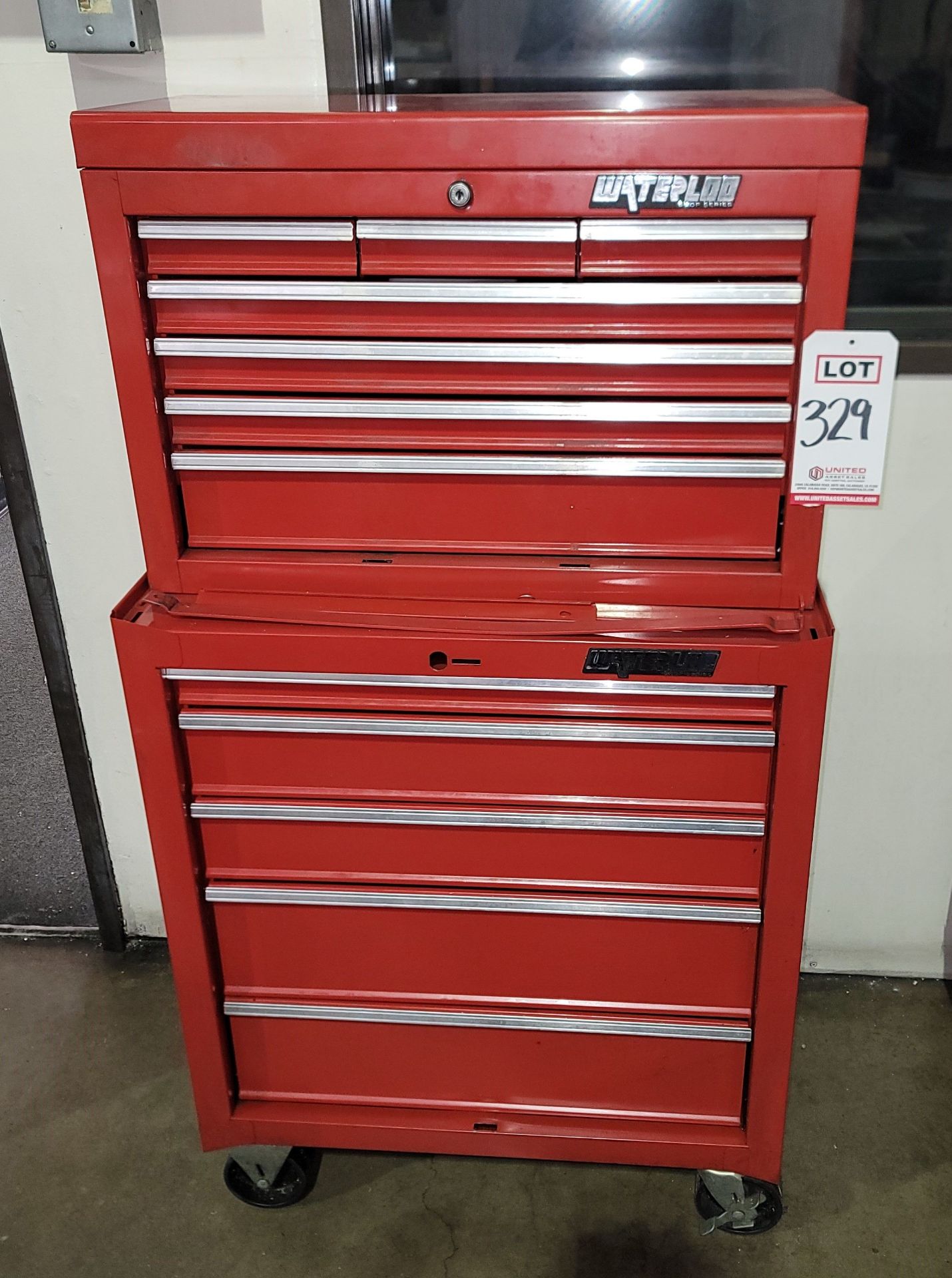 WATERLOO SHOP SERIES TOOL BOXES, TOP & BOTTOM, ON CASTERS, EMPTY, 26-1/2" X 18" X 49" OVERALL