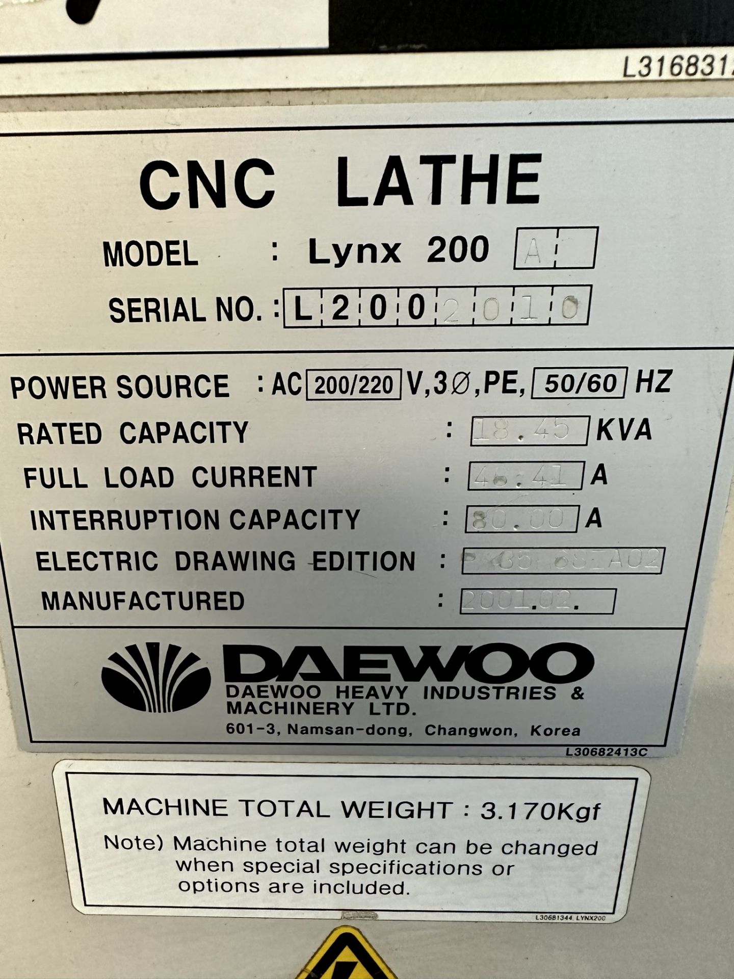 2001 DAEWOO LYNX 200A TURNING CENTER, FANUC SERIES 21i-T CNC CONTROL, 2-AXIS, 6" KITAGAWA CHUCK, - Image 12 of 12