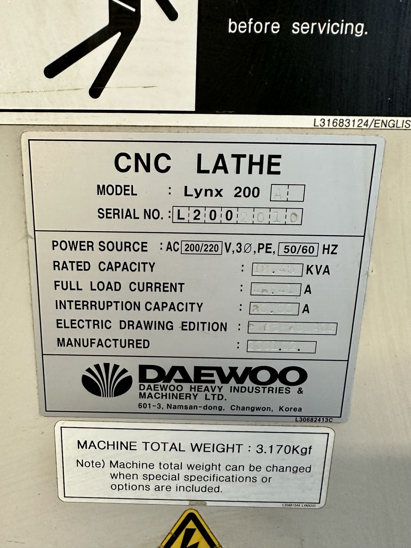 2001 DAEWOO LYNX 200A TURNING CENTER, FANUC SERIES 21i-T CNC CONTROL, 2-AXIS, 6" KITAGAWA CHUCK, - Image 11 of 12