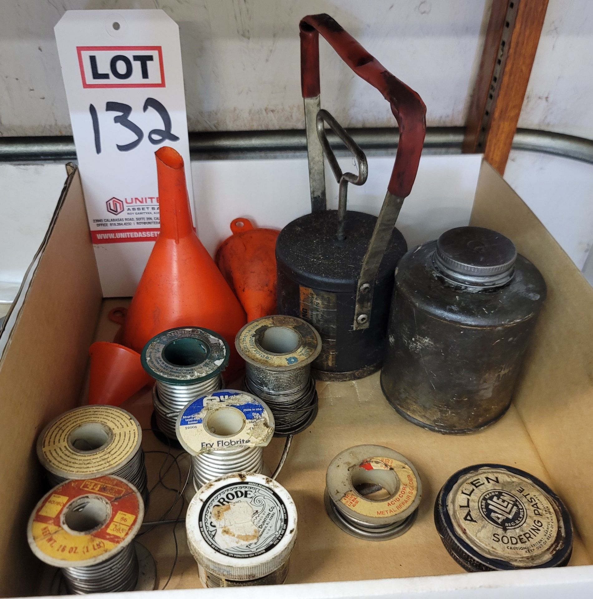 LOT - FUNNELS, SOLDER AND RELATED ITEMS