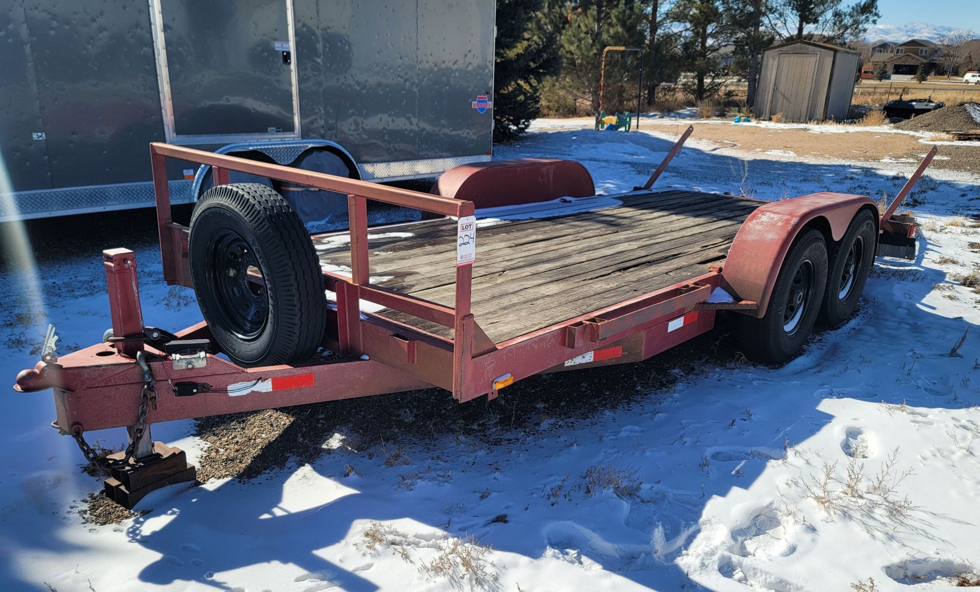 FLATBED TRAILER, 16' X 80", LOADING RAMP, DUAL AXLE, BUMPER PULL, SPARE TIRE, (2) 60" X 15" BED LOAD