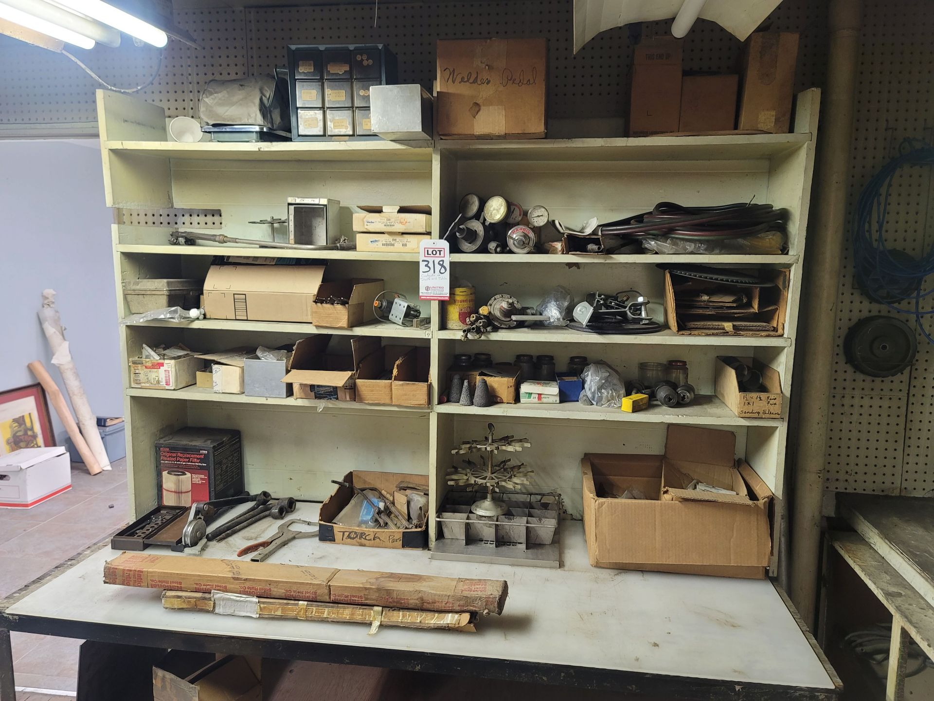 LOT - CONTENTS OF SHELF: WELDING SUPPLIES, SPEED CHUCKS, FILES, HAND TOOLS