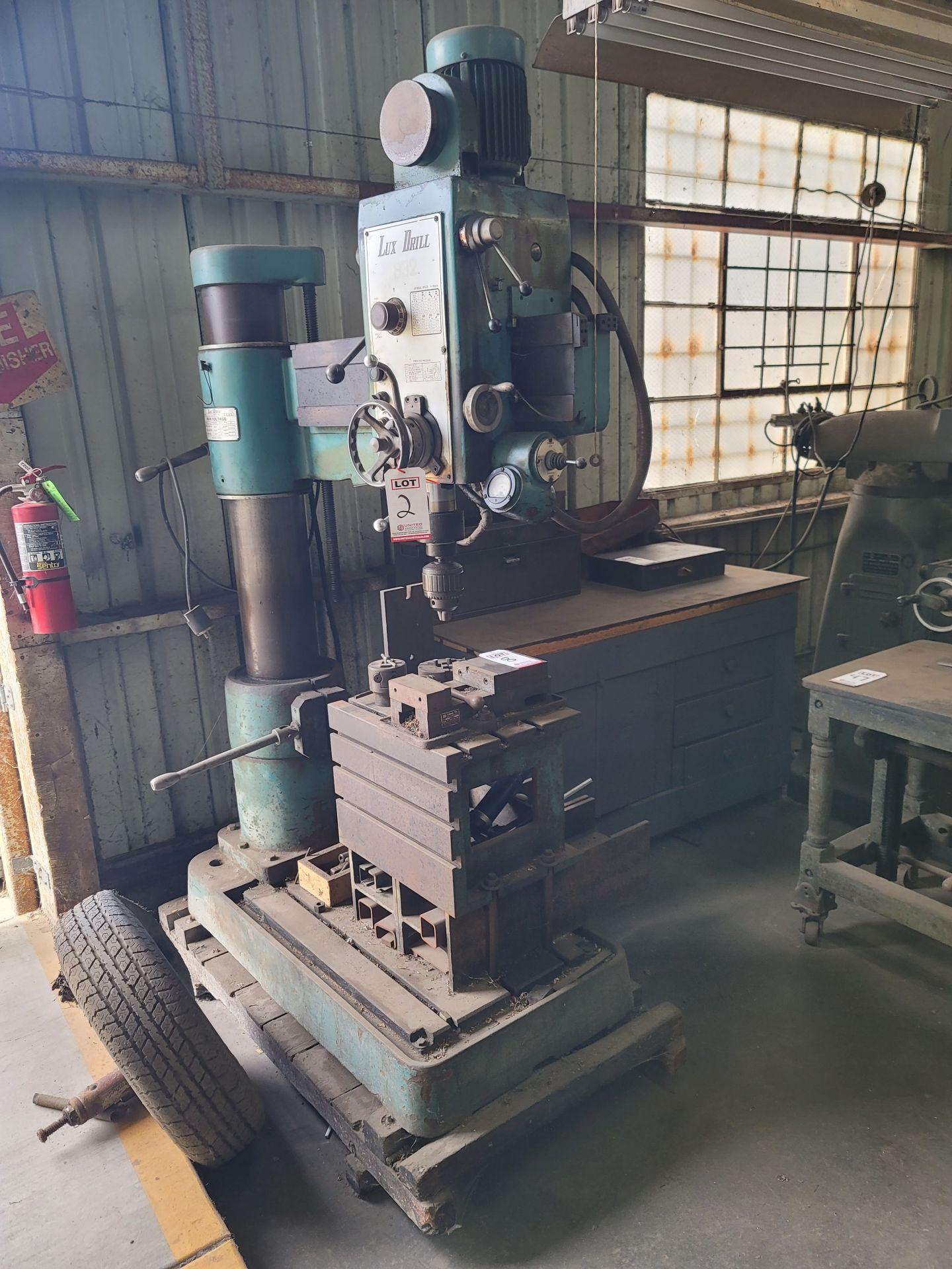 LUX DRILL RADIAL ARM DRILL, MODEL 832, S/N 7765, W/ T-SLOT ANGLE BLOCK