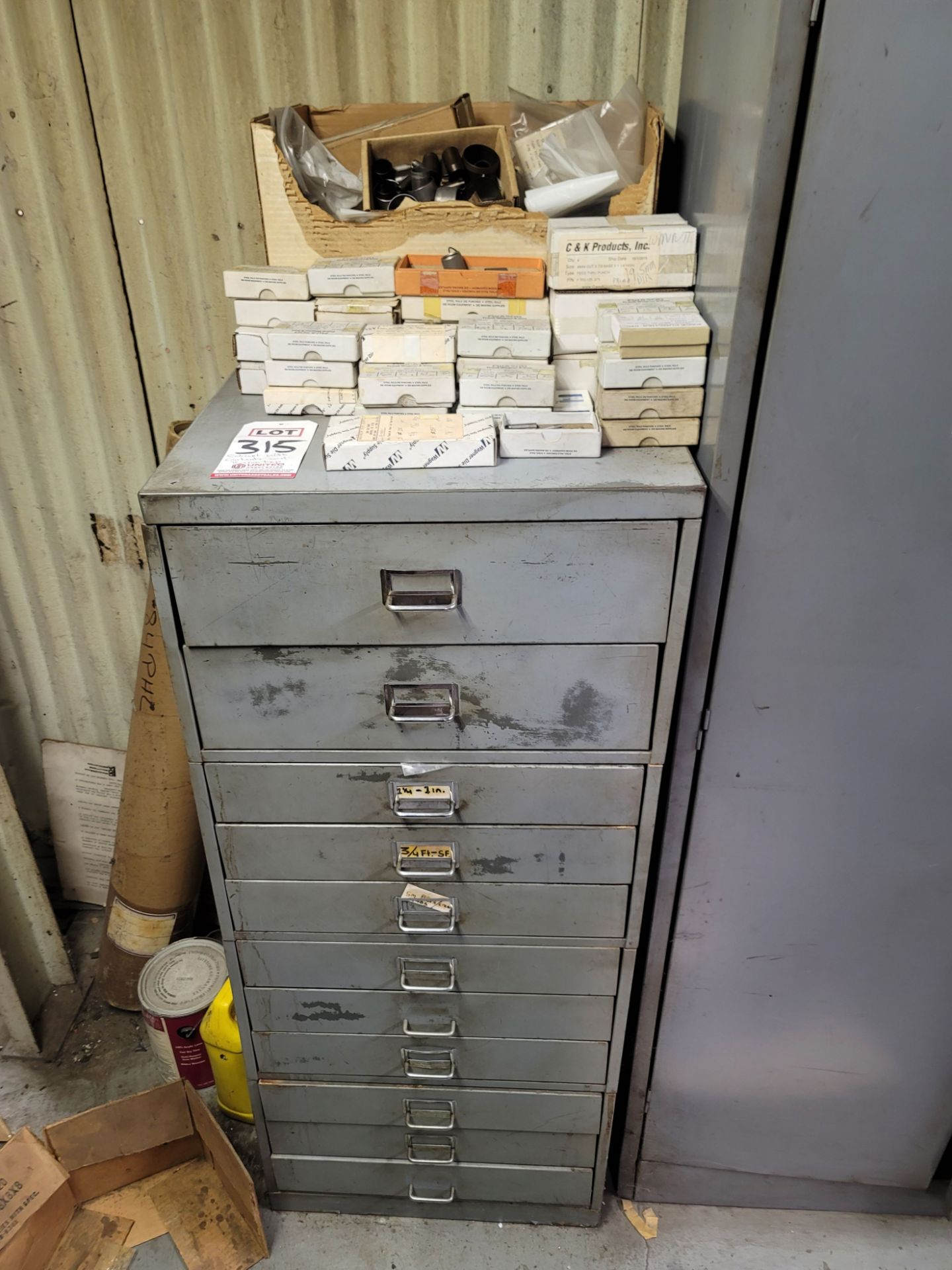 LOT - CABINET, W/ CONTENTS AND ITEMS ON TOP, FEED THRU PUNCHES