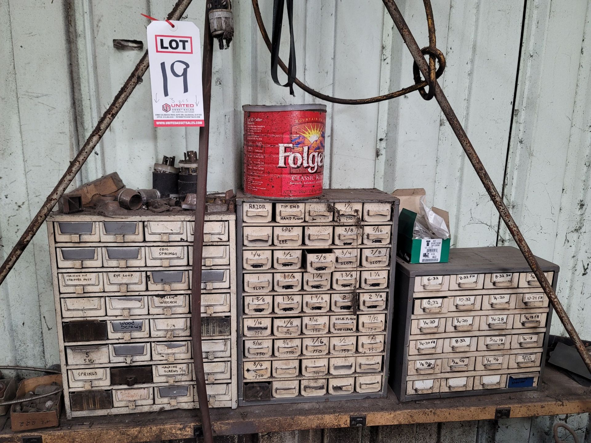 LOT - (3) PARTS BINS, W/ CONTENTS: HARDWARE, HOLE PUNCHES