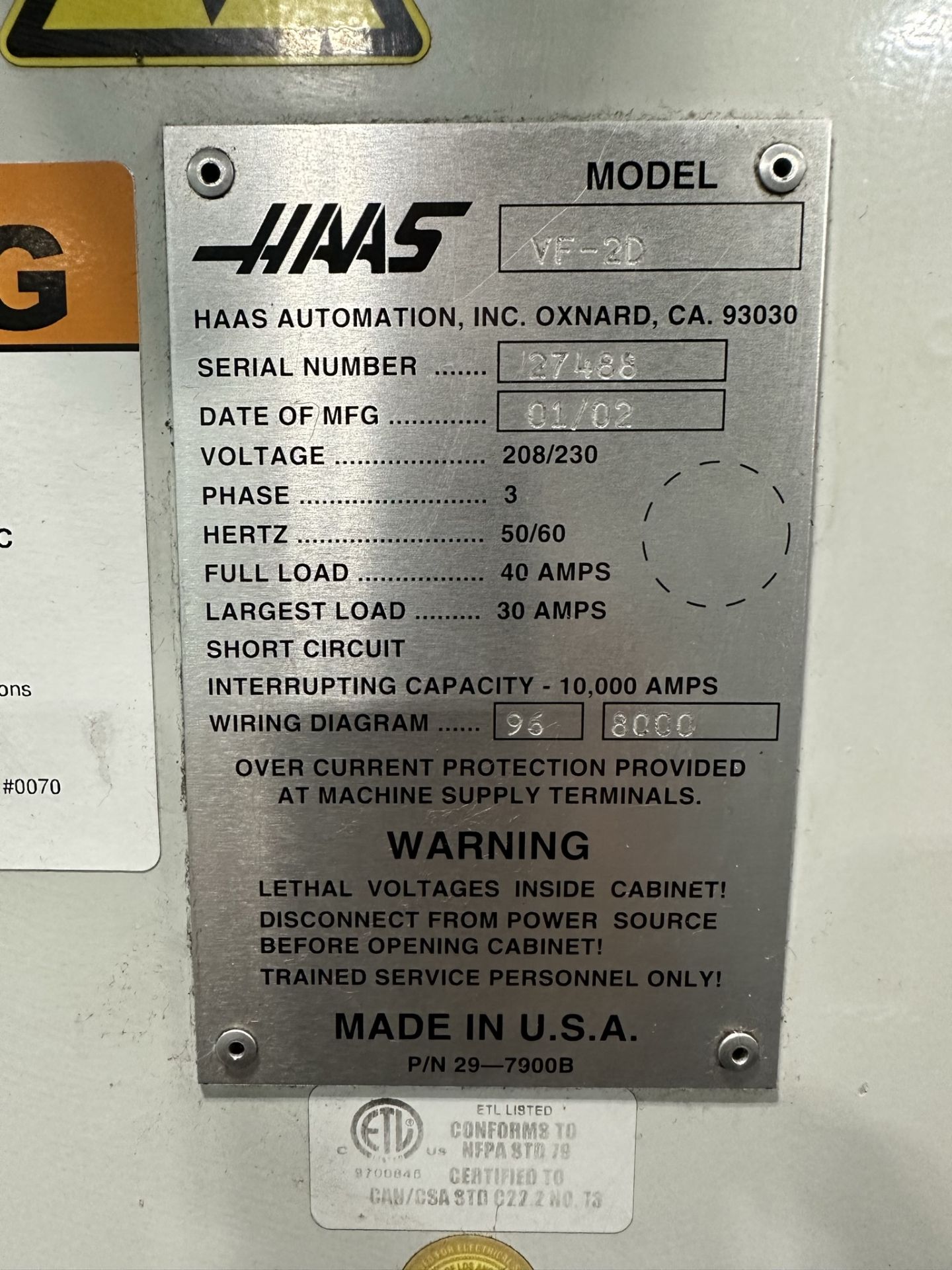 2002 HAAS VF-2D VERTICAL MACHINING CENTER, XYZ TRAVELS: 30" X 16" X 20", 36" X 14" TABLE, 20 HP, 7, - Image 24 of 25