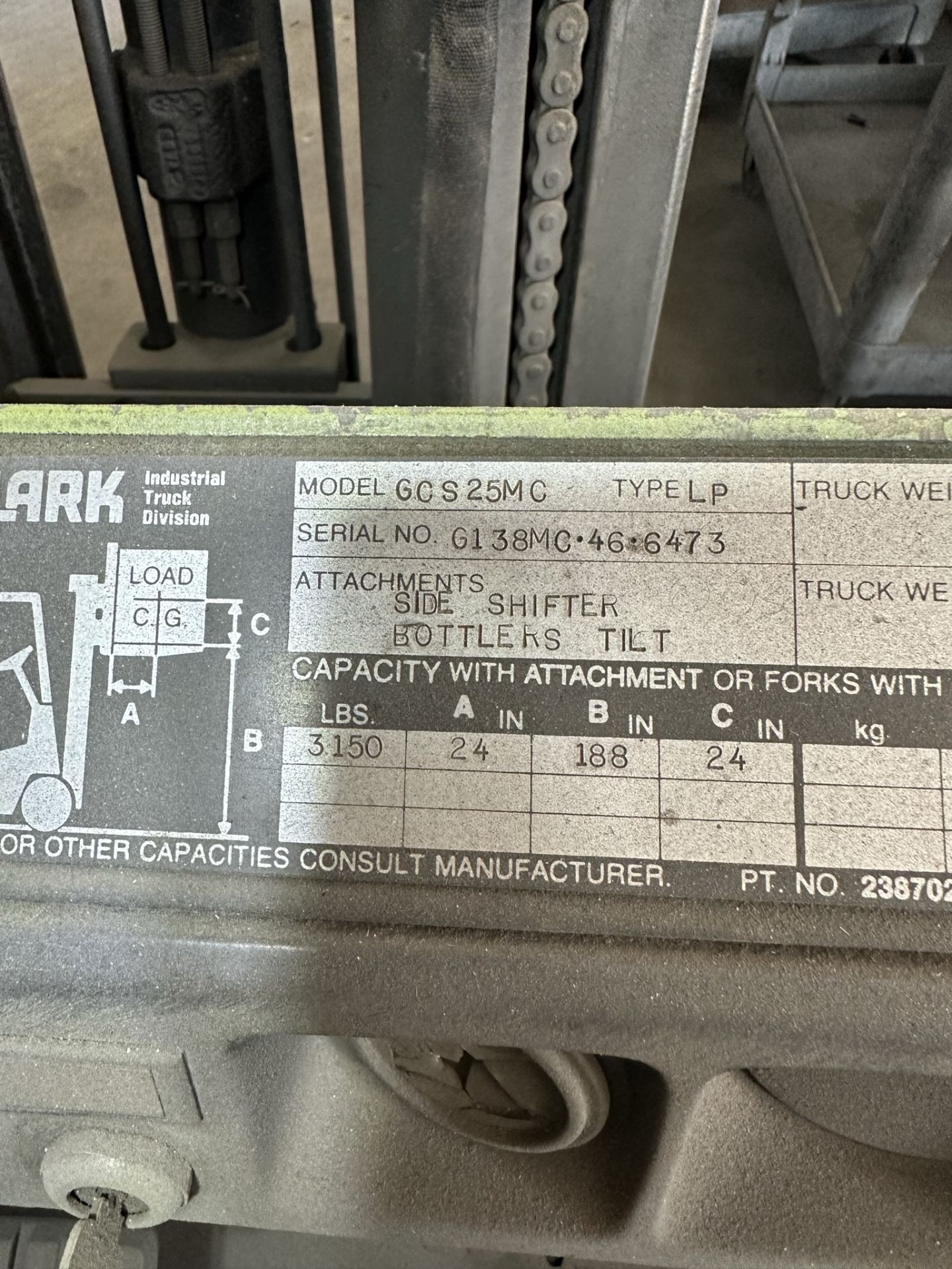 CLARK LPG FORKLIFT, 3,150 LB CAPACITY, MODEL GCS25MC, 3-STAGE MAST, SIDE SHIFT, SOLID TIRES, 42" - Image 7 of 7