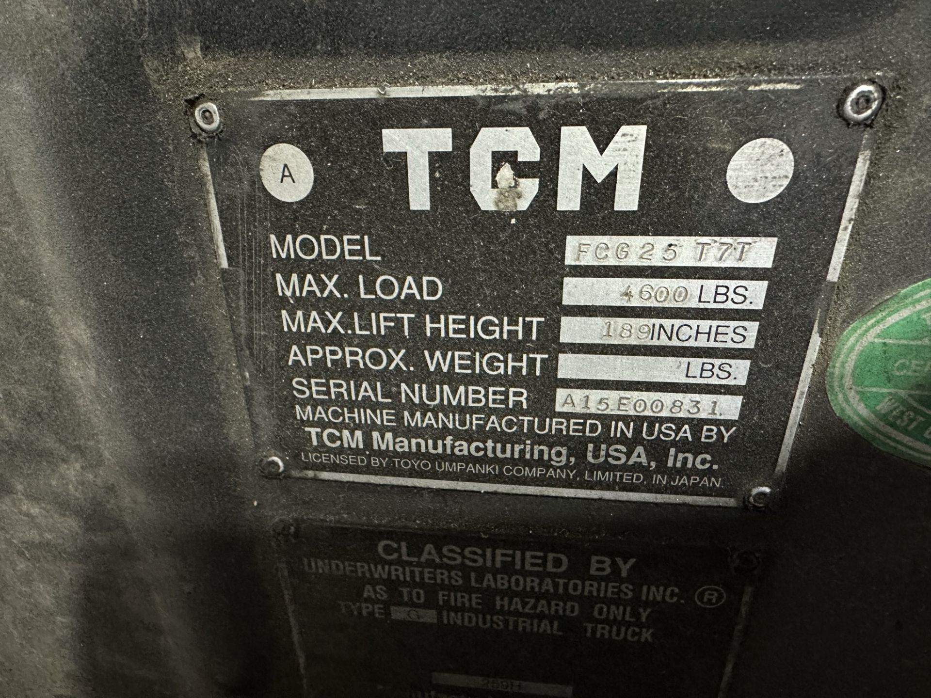 TCM LPG FORKLIFT, 4,600 LB CAPACITY, MODEL FCG25T7T, 3-STAGE MAST, SOLID TIRES, 52" FORKS, 09869 - Image 13 of 15