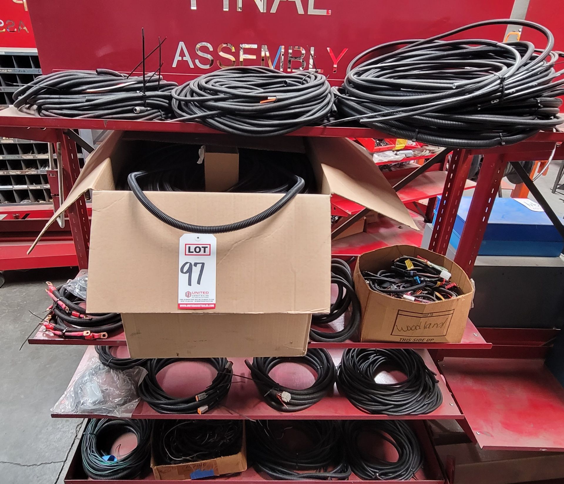 LOT - PRE-MADE WIRING HARNESSES AND BOX OF PLASTIC FLEX WIRE CONDUIT, CART NOT INCLUDED