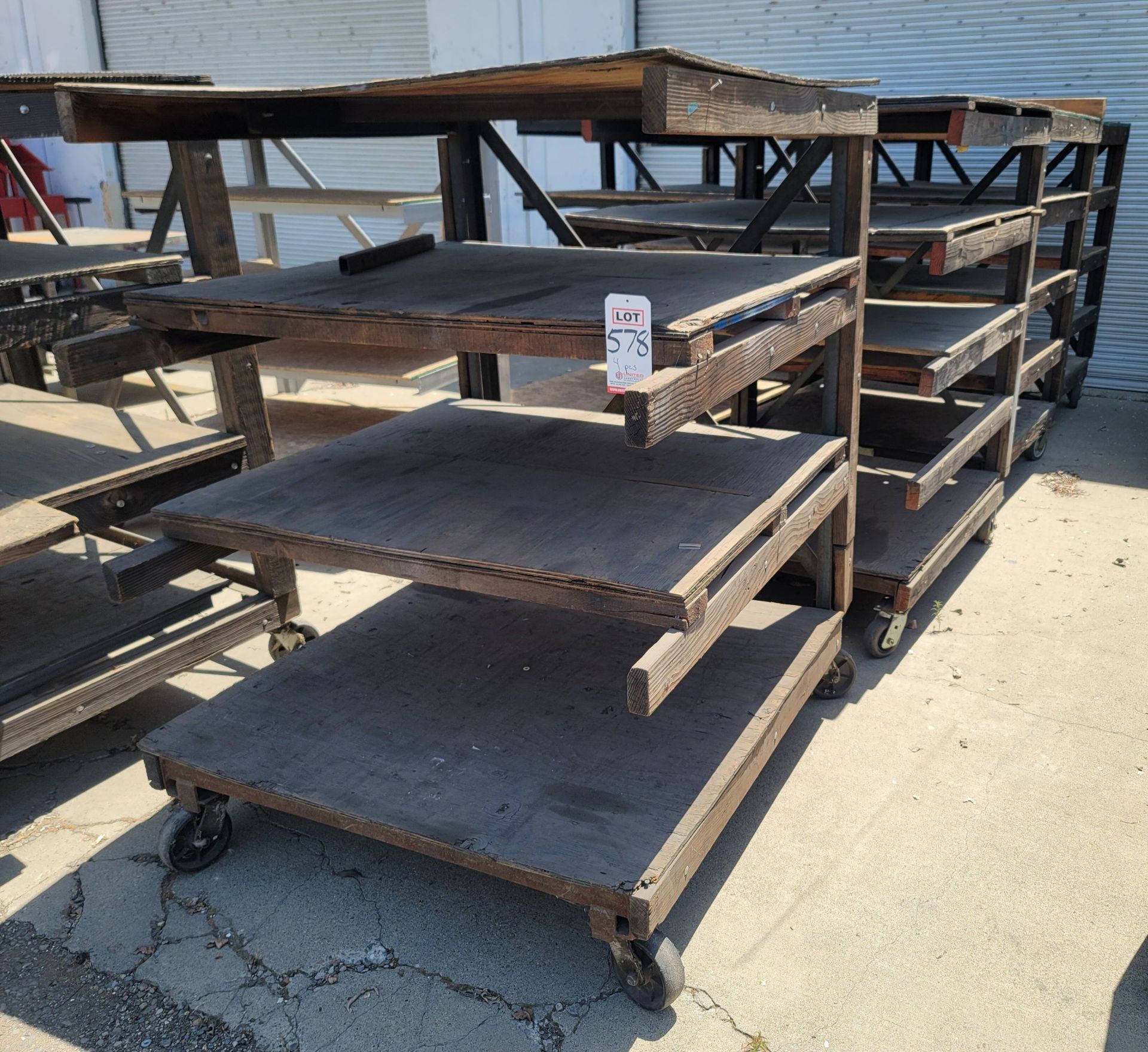 LOT - (4) STEEL FRAME SHELF CARTS W/ WOOD SHELVES