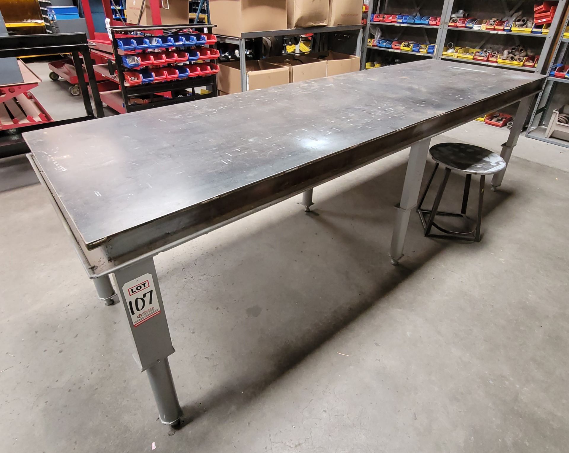 WELDING TABLE W/ 10' X 3' X 1/4" THICK TOP, 37" WORK HEIGHT, (6) HEIGHT ADJUSTABLE LEGS, W/ STEEL