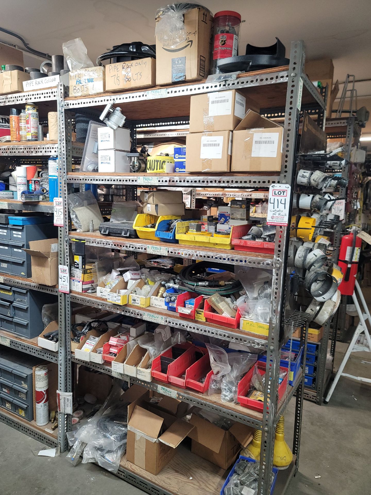 LOT - CONTENTS ONLY OF SHELF UNIT, TO INCLUDE: AIR FITTINGS, HOLE SAWS, PLASTIC BATTERY BOXES,