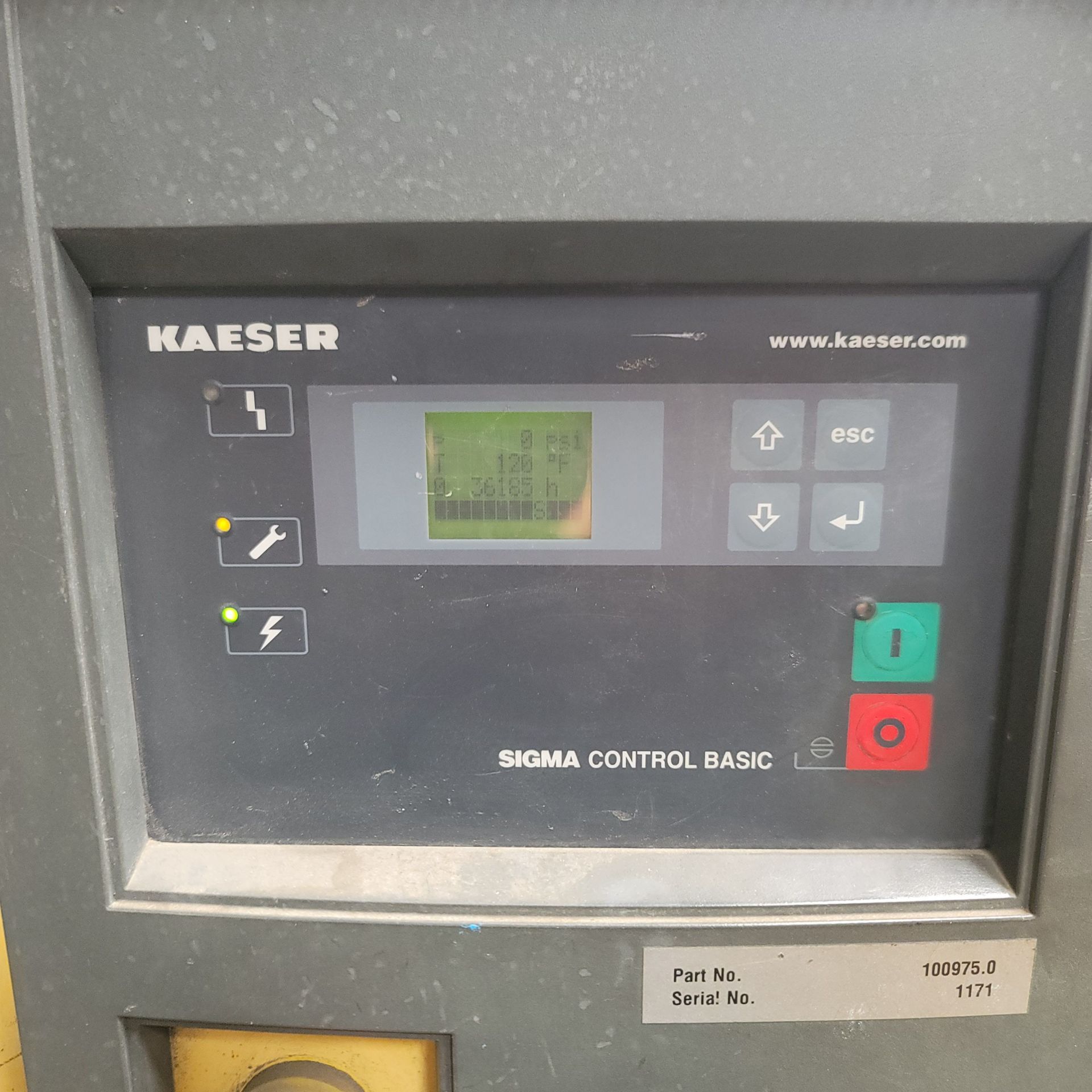 2005 KAESER SK 15 ROTARY SCREW TYPE AIR COMPRESSOR, 15 HP, PART NO. 100975.0, 36,185 HOURS, S/N - Image 2 of 4