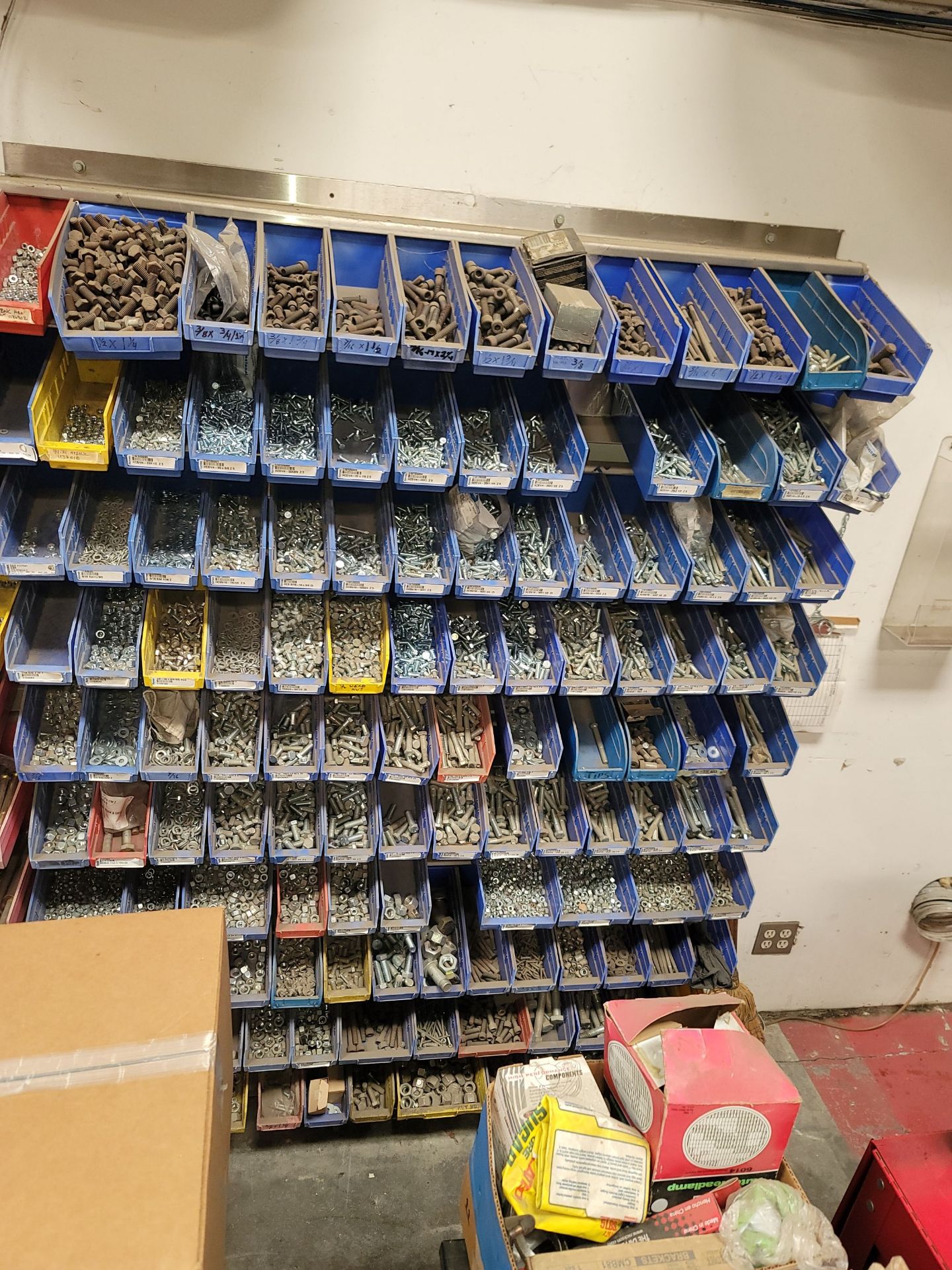 LOT - LARGE QUANTITY OF BOLTS, NUTS, WASHERS, IN BINS ON WALL RACK, RACK INCLUDED - Image 4 of 4