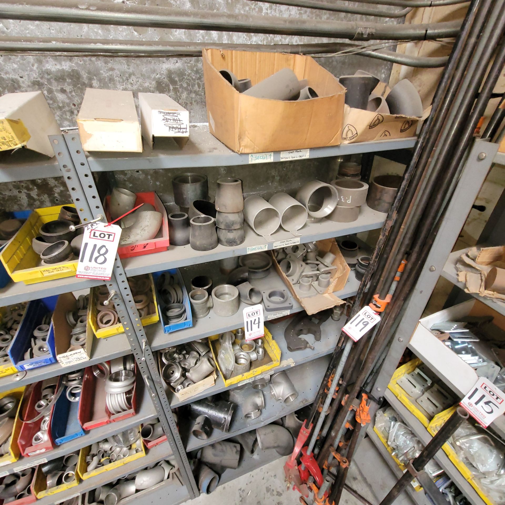 LOT - CONTENTS ONLY OF SHELF UNIT: LARGE PIPE FITTINGS, (2) LARGE PIPE CUTTERS