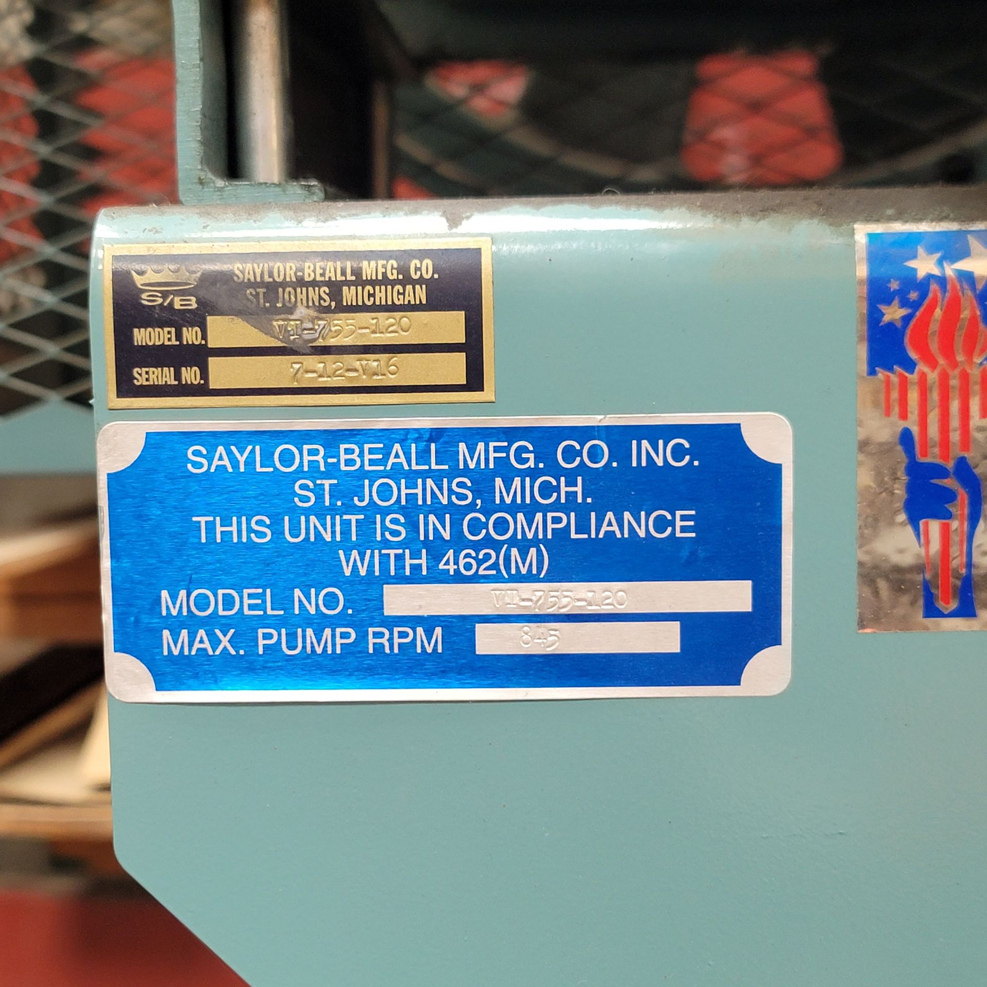 2016 SAYLOR-BEALL TWO-STAGE PISTON AIR COMPRESSOR, MODEL VT-755-120, 10 HP, 120 GALLON VERTICAL - Image 2 of 2