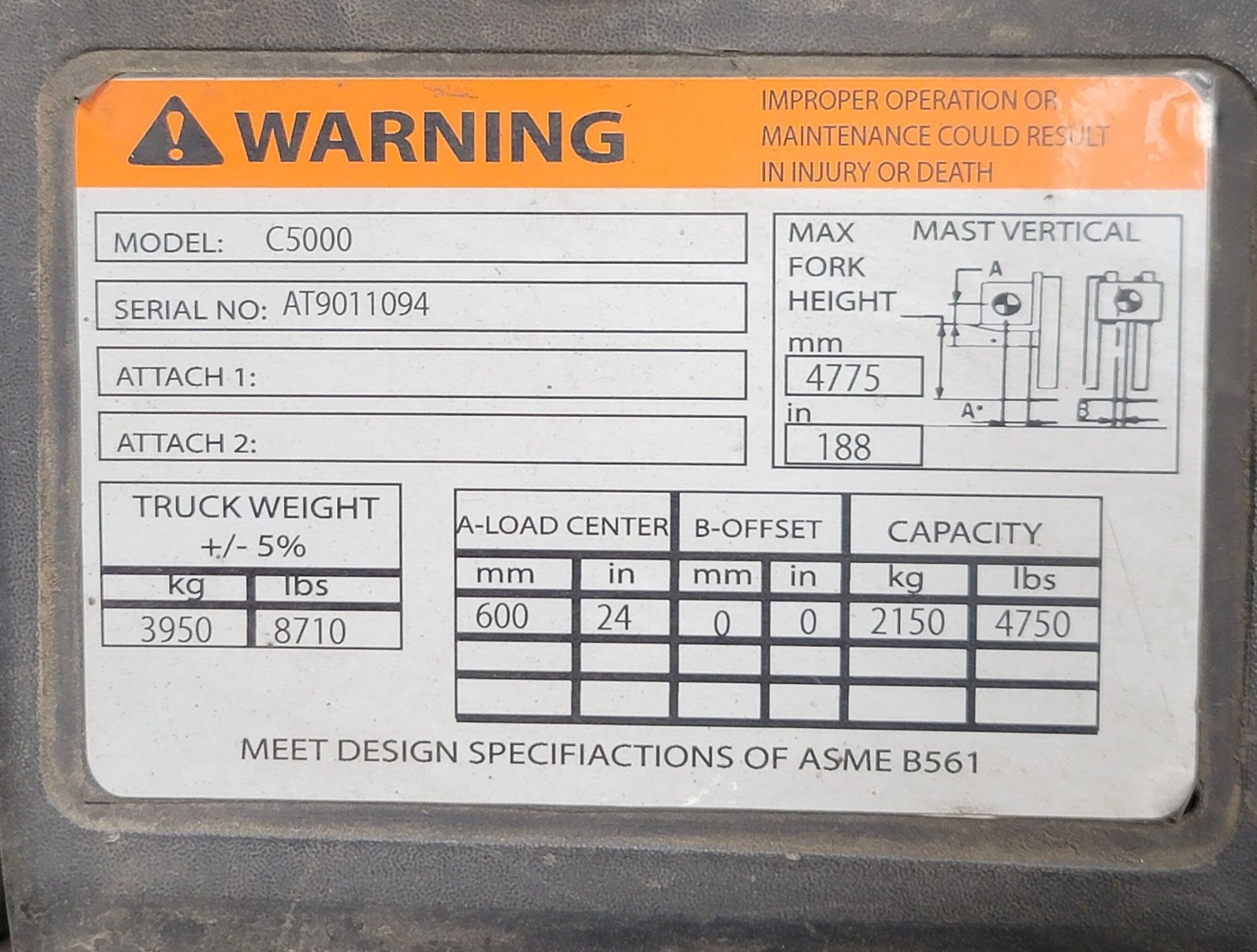 CATERPILLAR LPG FORKLIFT, MODEL C5000, 4,750 LB CAPACITY, SIDE SHIFT, 3-STAGE MAST, 54" FORKS, SOLID - Image 10 of 11