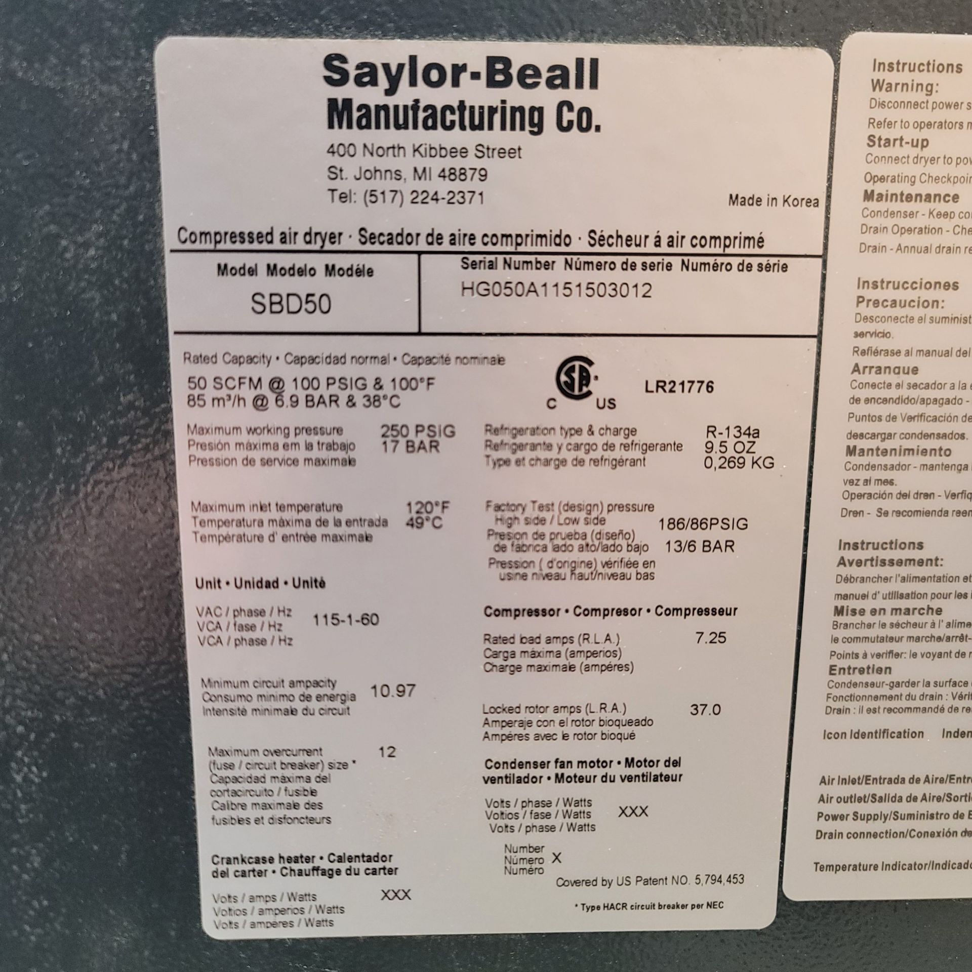 SAYLOR-BEALL REFRIGERATED AIR DRYER, MODEL SBD50, S/N HG050A1151503012, BRAND NEW, NEVER UNBOXED - Image 3 of 4