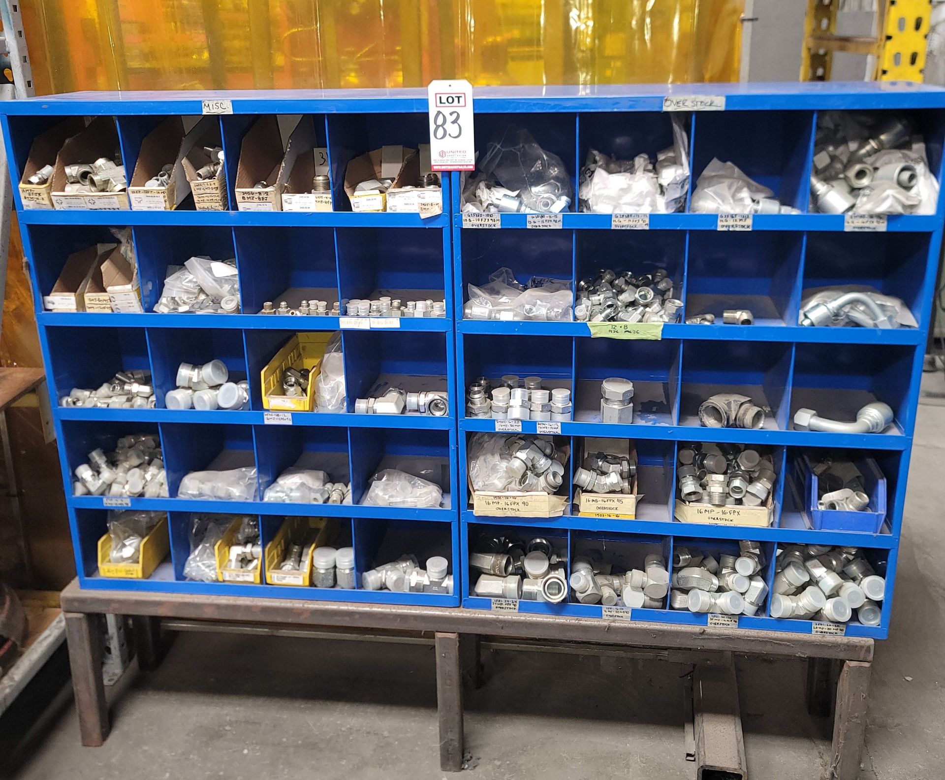 LOT - (2) HARDWARE CABINETS ON STAND, W/ CONTENTS OF HYDRAULIC HOSE FITTINGS
