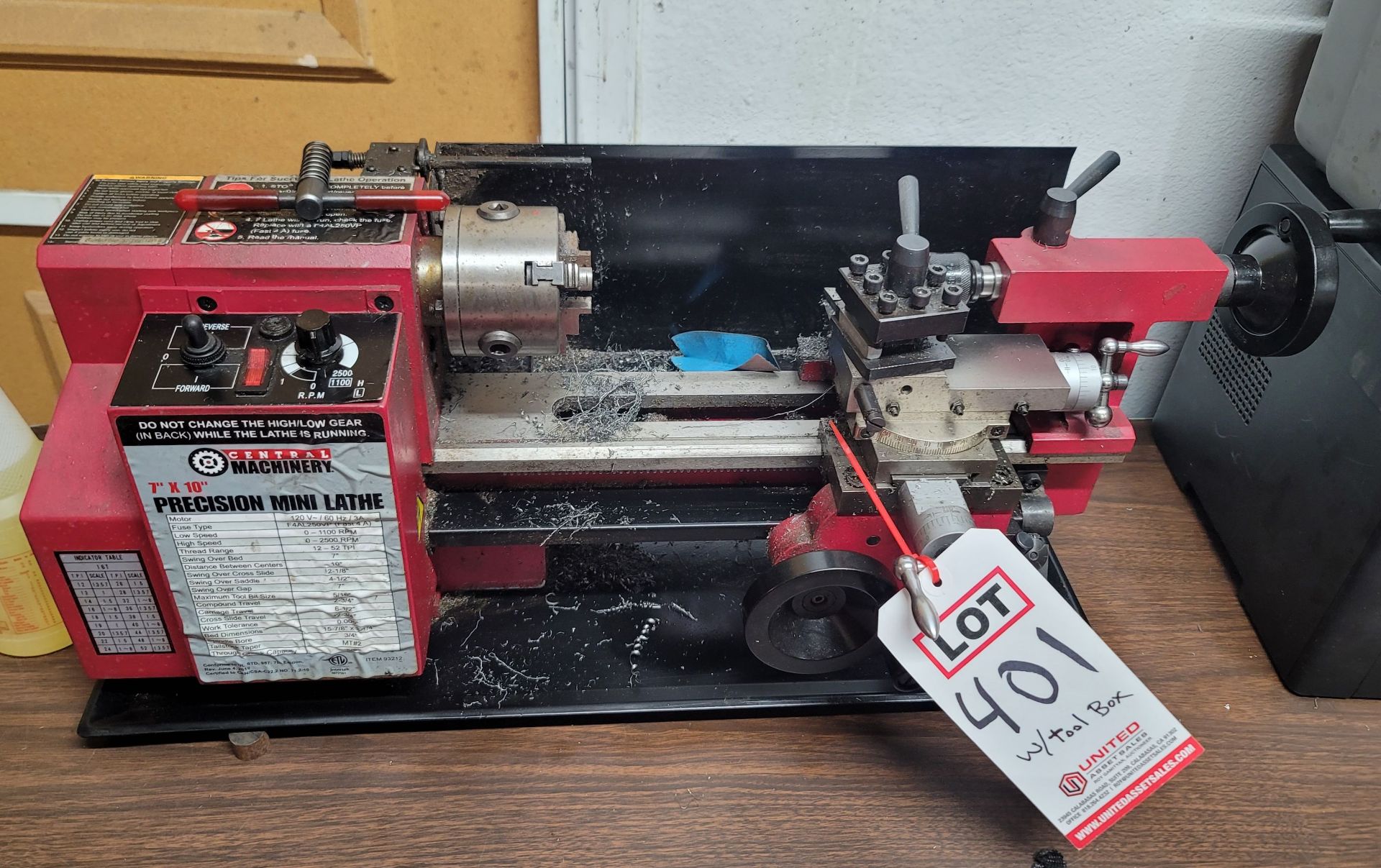 LOT - CENTRAL MACHINERY 7" X 10" PRECISION MINI LATHE, W/ TOOL BOX OF ACCESSORIES, GEARS, ETC.